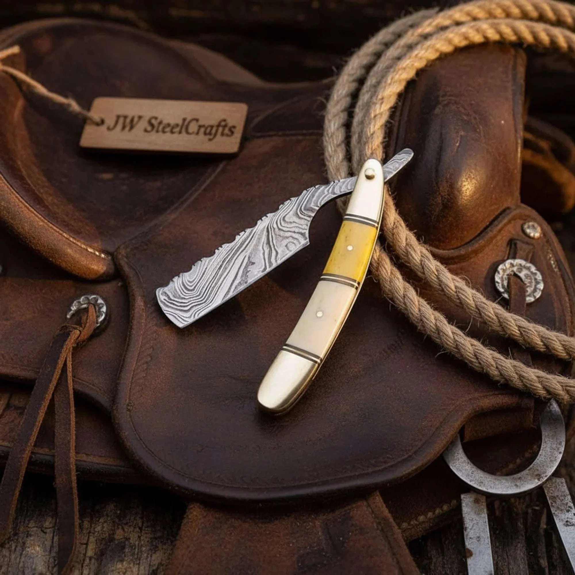 Palmarius Outdoors Damascus Cattleman Straight Razor with Bone Handle Damascus Straight Razors