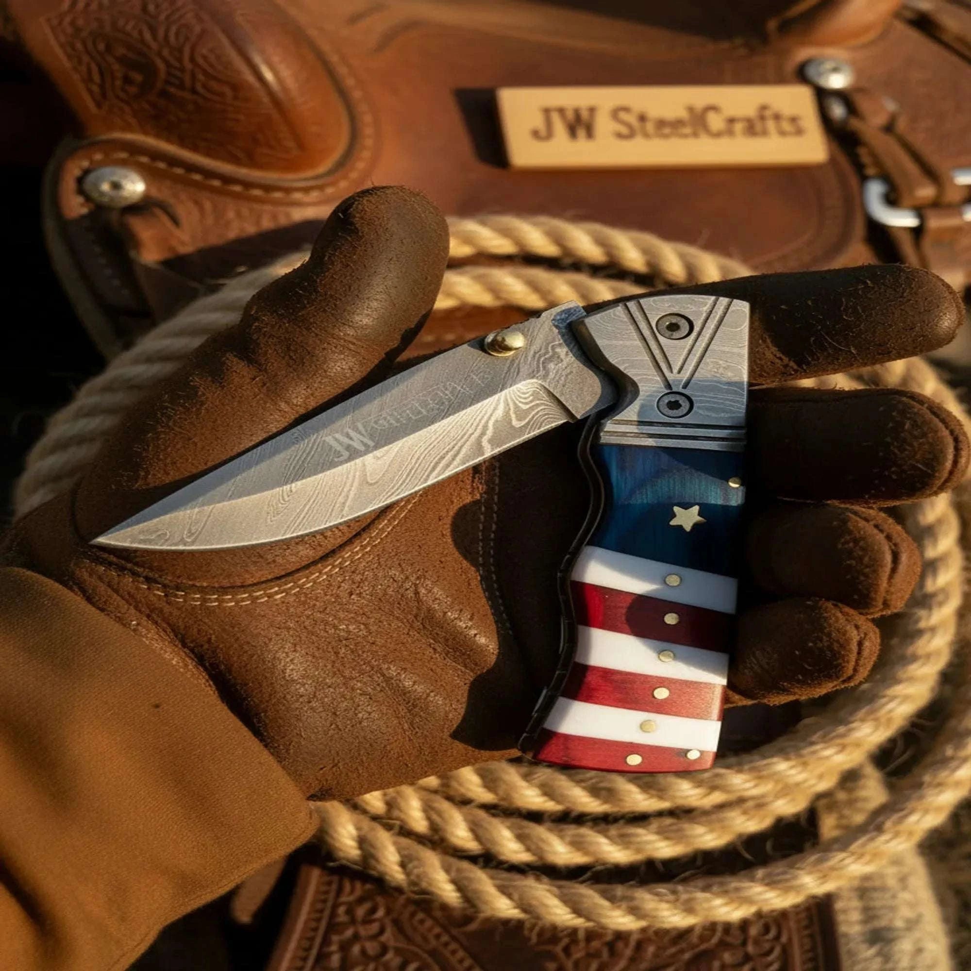 Palmarius Outdoors Patriot Damascus Folding Knife with Leather Sheath