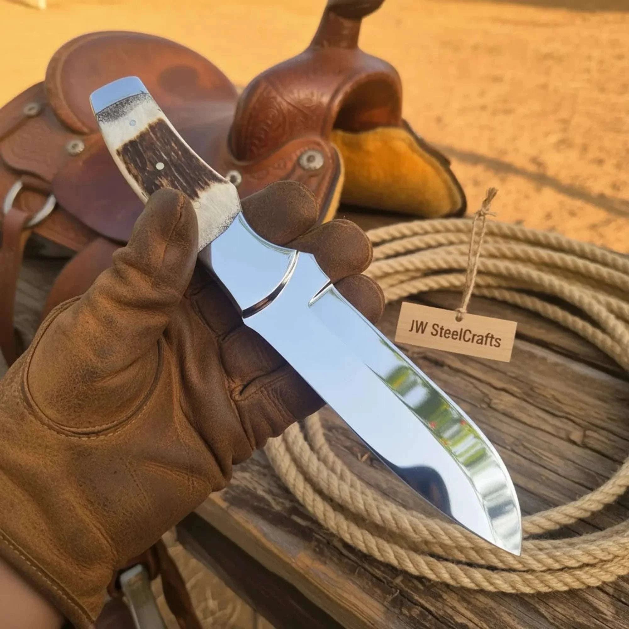 Palmarius Outdoors Drop Point Bushcraft Knife 10” – Polished Steel Blade with Natural Stag Handle