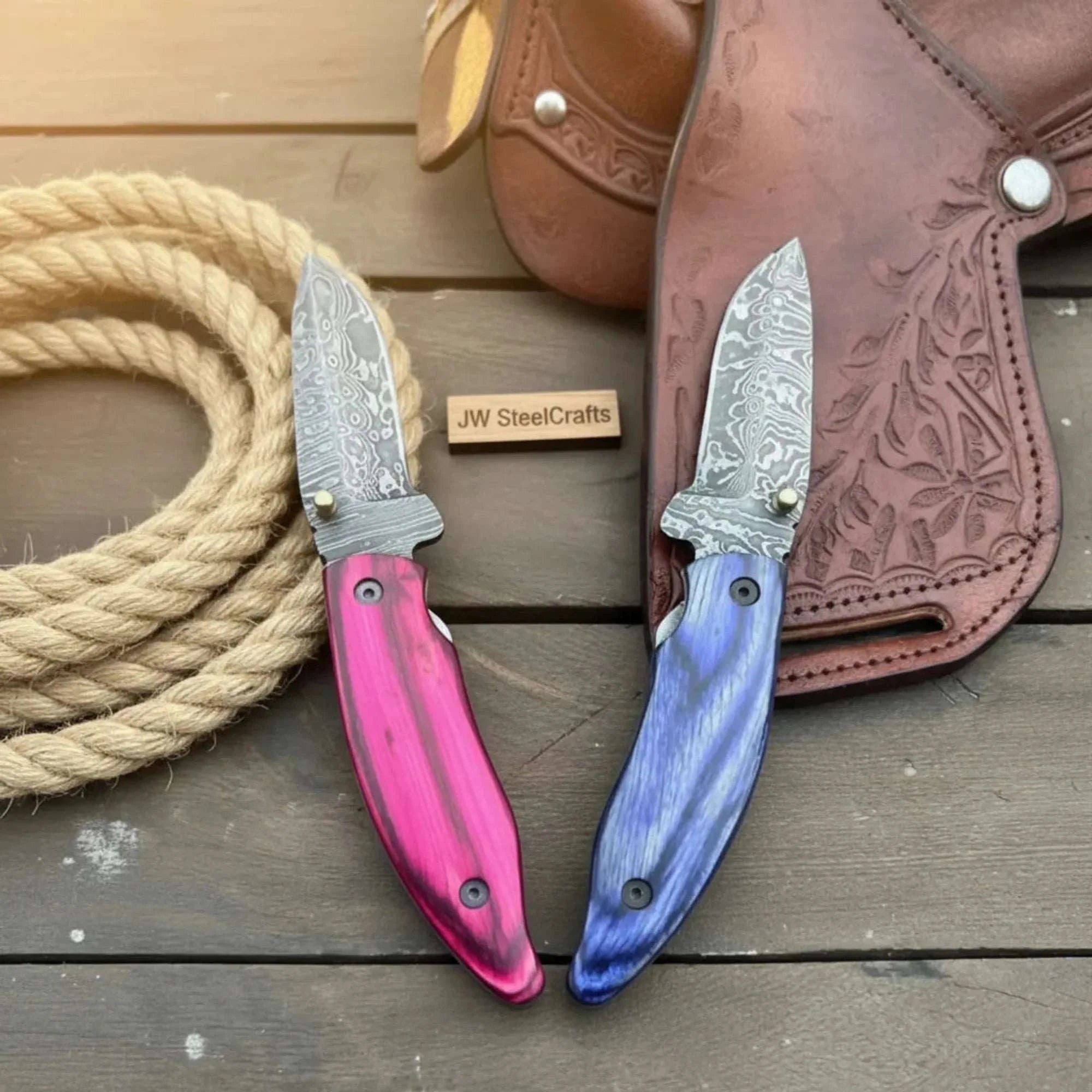 Palmarius Outdoors Persian Damascus Folding Knife Set with Pakka Wood Handles