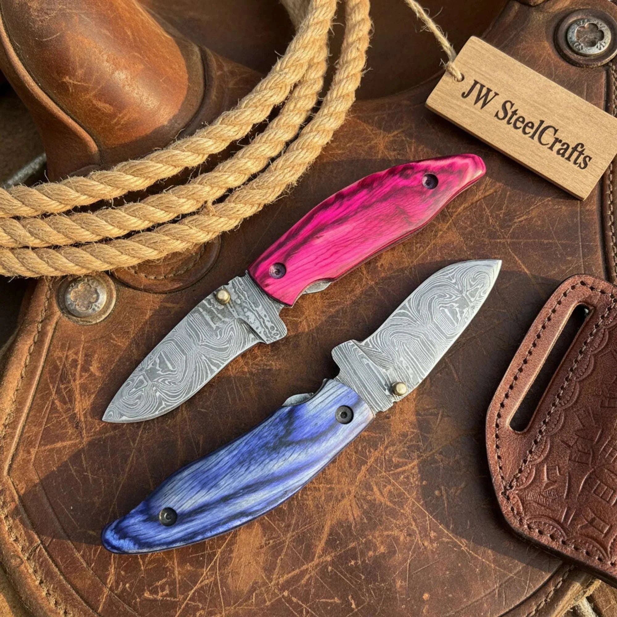 Palmarius Outdoors Persian Damascus Folding Knife Set with Pakka Wood Handles