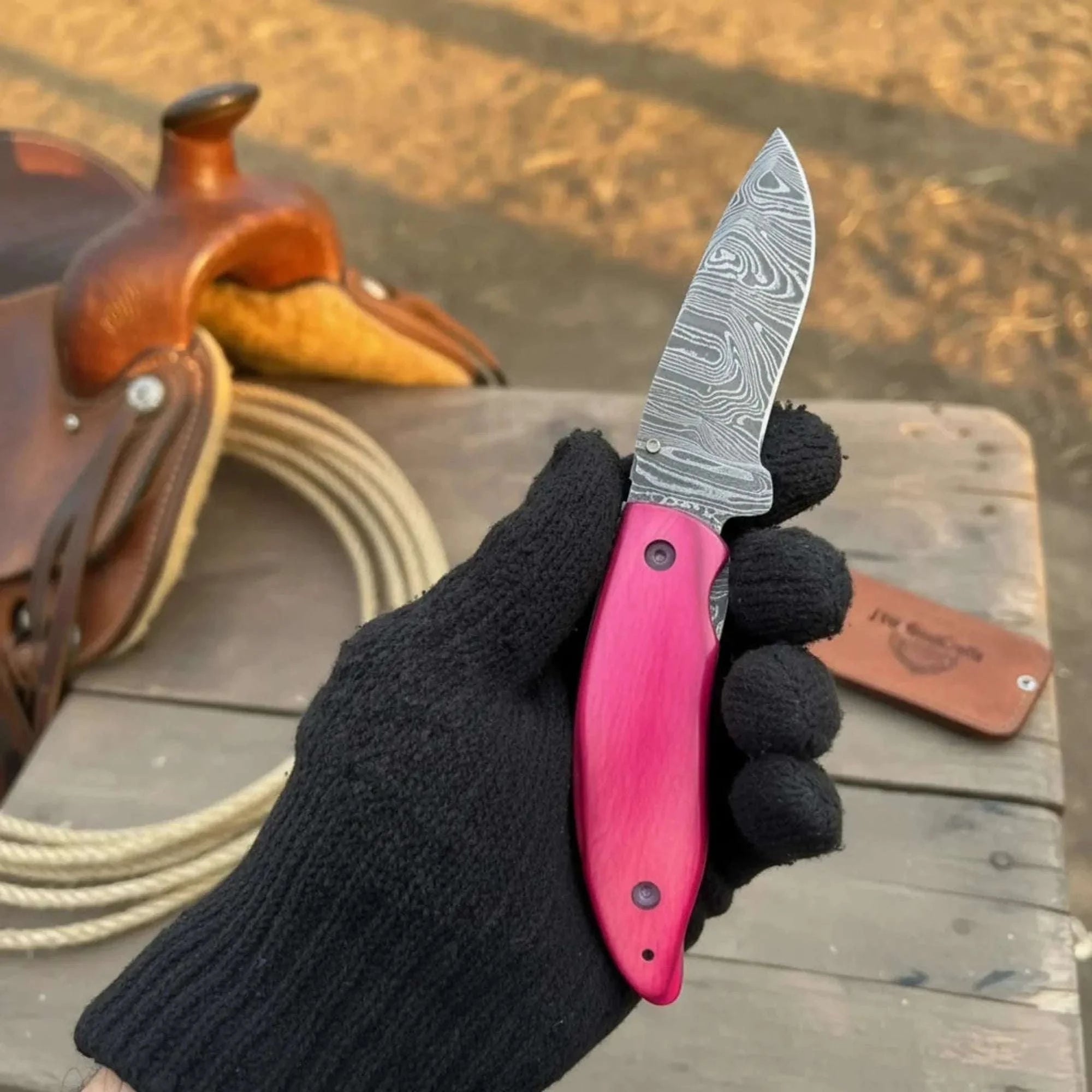 Palmarius Outdoors Pink Pakka Wood Damascus Folding Knife 7” Handmade Persian EDC Pocket Knife