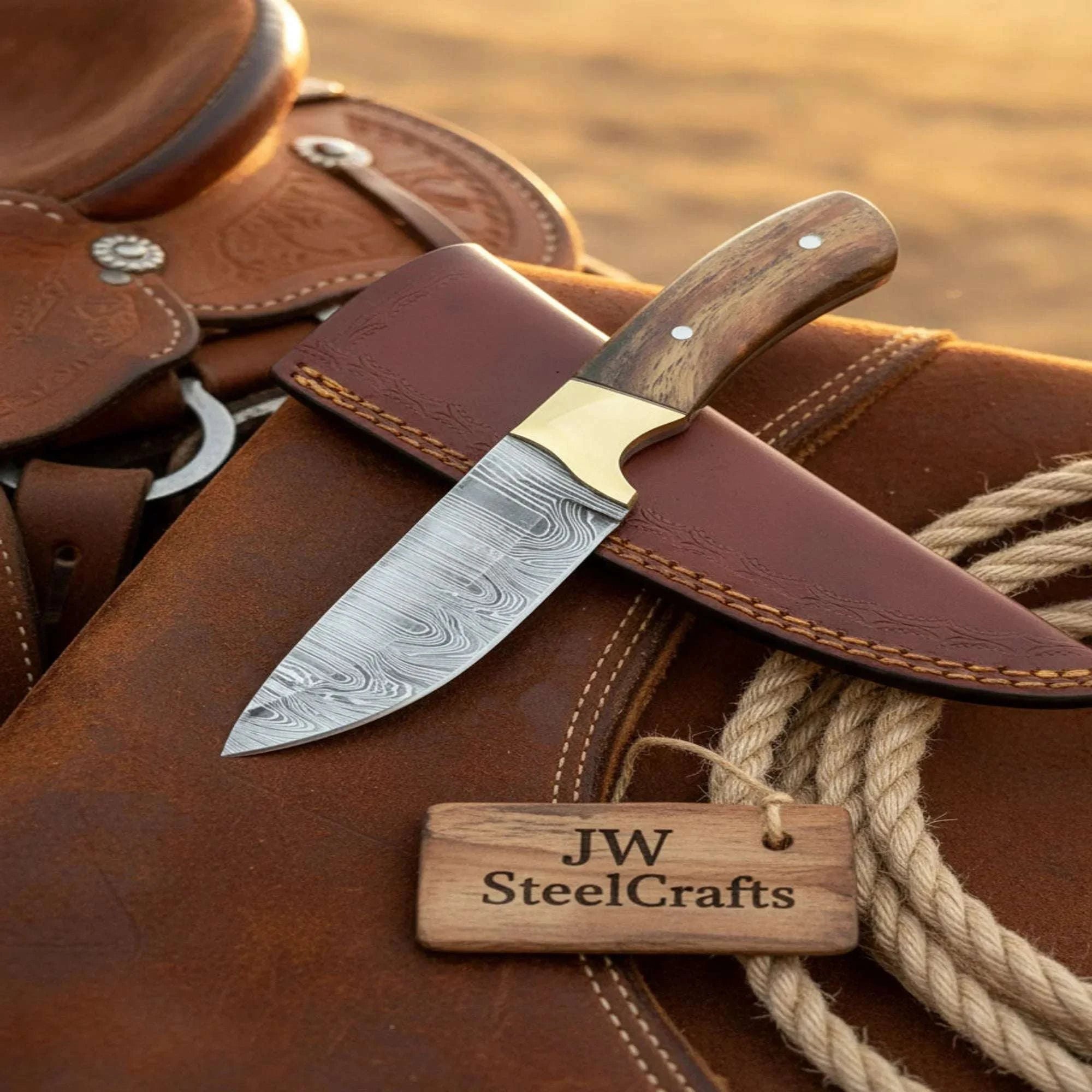 Palmarius Outdoors Handmade Damascus Field Knife 8” Bushcraft Knife Wood Handle with Leather Sheath Bushcraft Knife