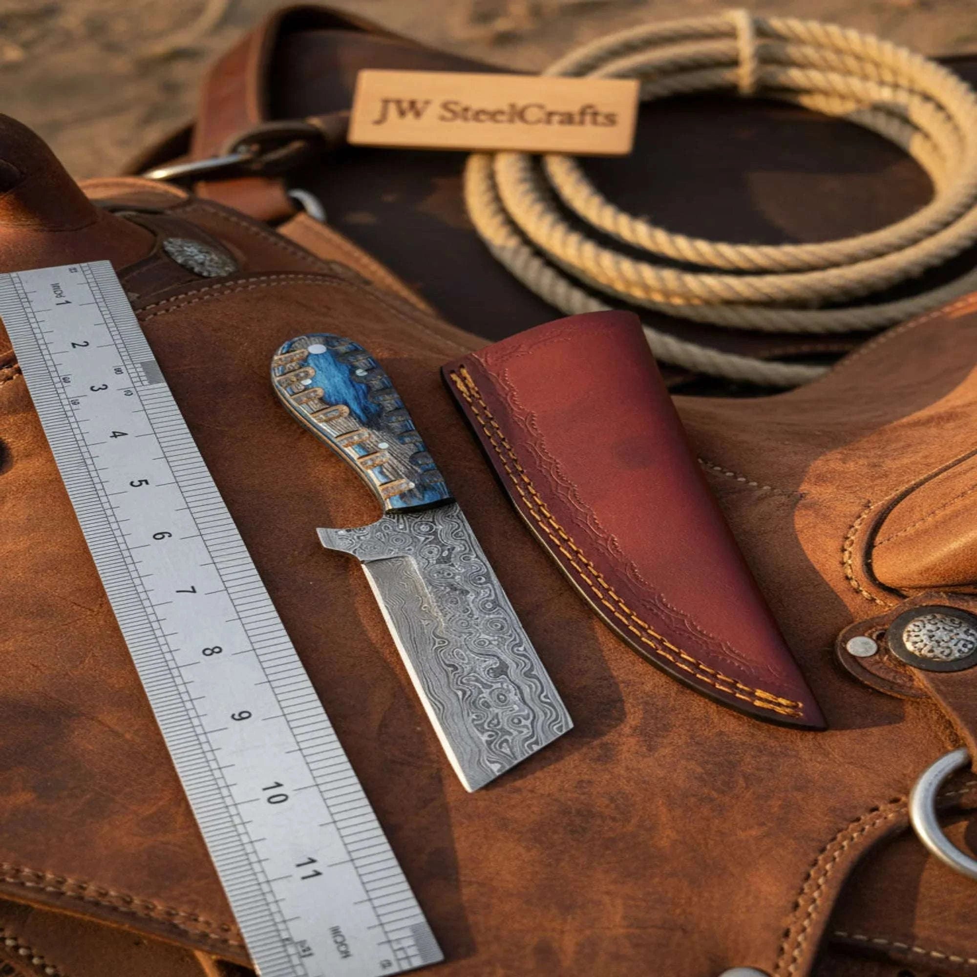 Palmarius Outdoors Western Bull Cutter 7” Knife – Damascus Ranch Blade with Blue Stabilized Handle & Sheath