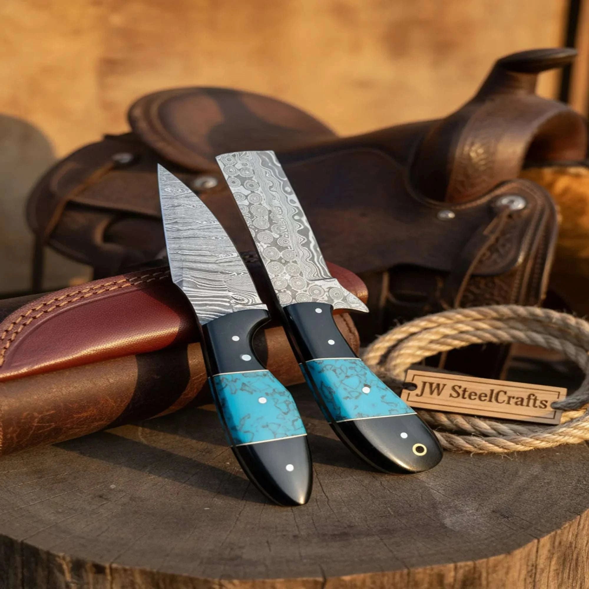 Palmarius Outdoors Handmade Damascus Skinner 7”–8” Knife Set Cowboy Ranch Blades Turquoise Handle with Sheath