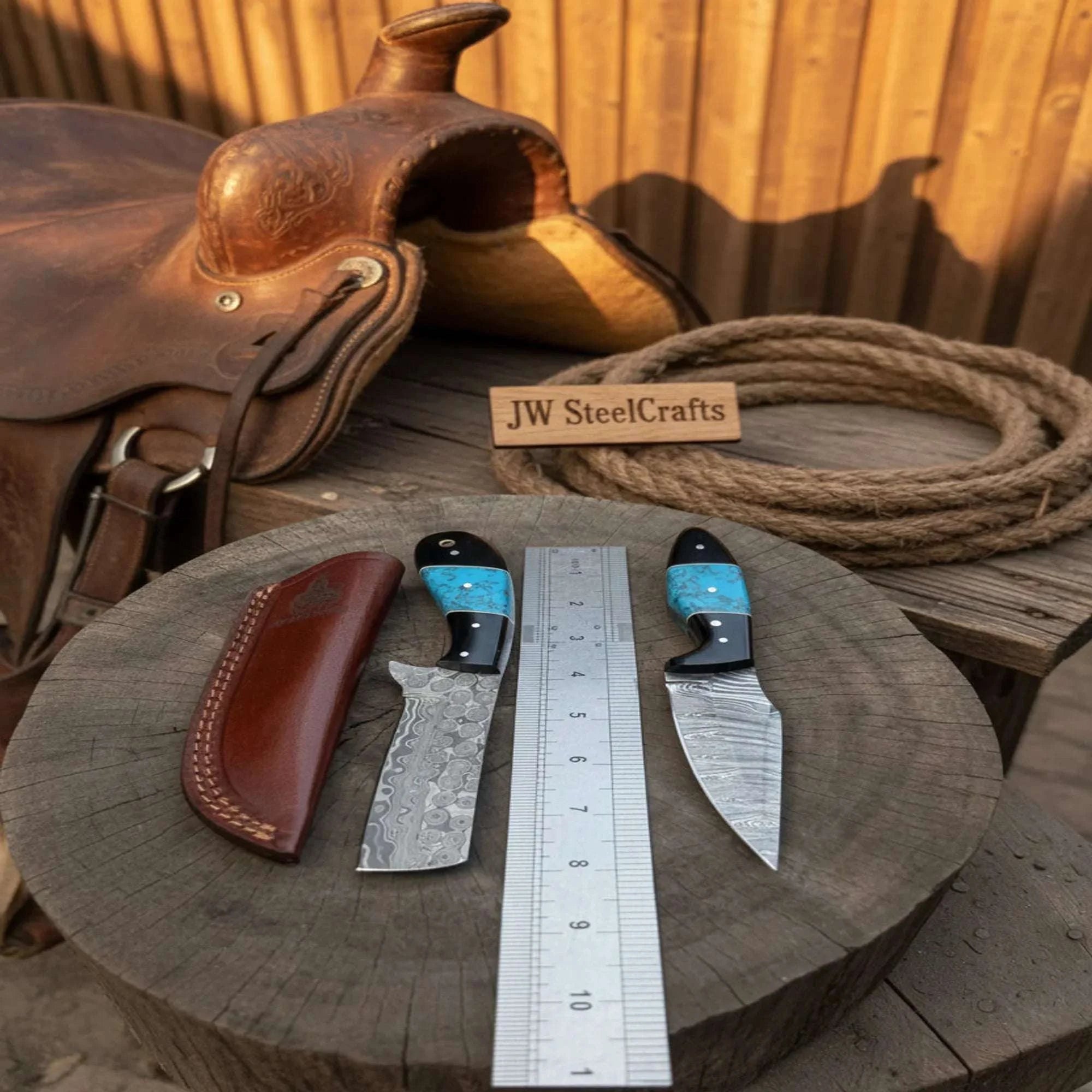 Palmarius Outdoors Handmade Damascus Skinner 7”–8” Knife Set Cowboy Ranch Blades Turquoise Handle with Sheath