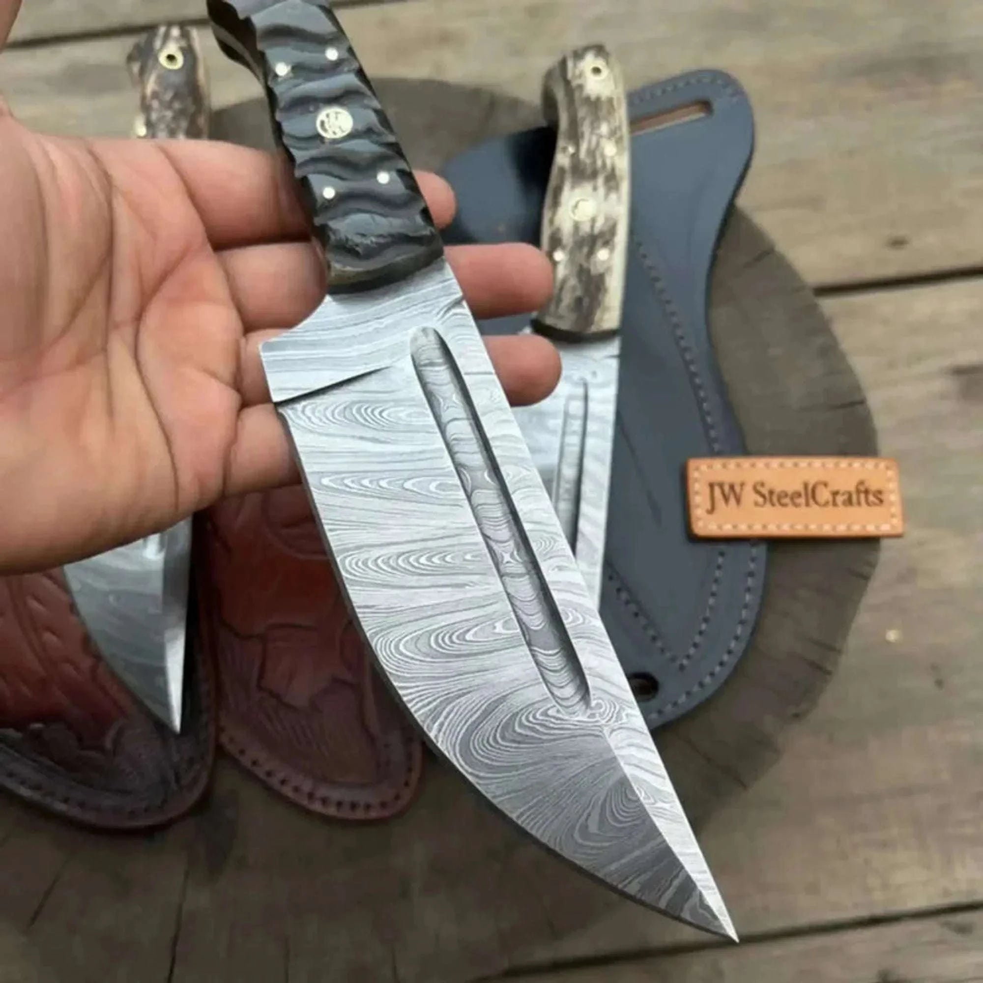 Palmarius Outdoors Premium Handmade Hunting Knife Set (3-Piece) Damascus Steel Fixed Blade Leather Sheaths