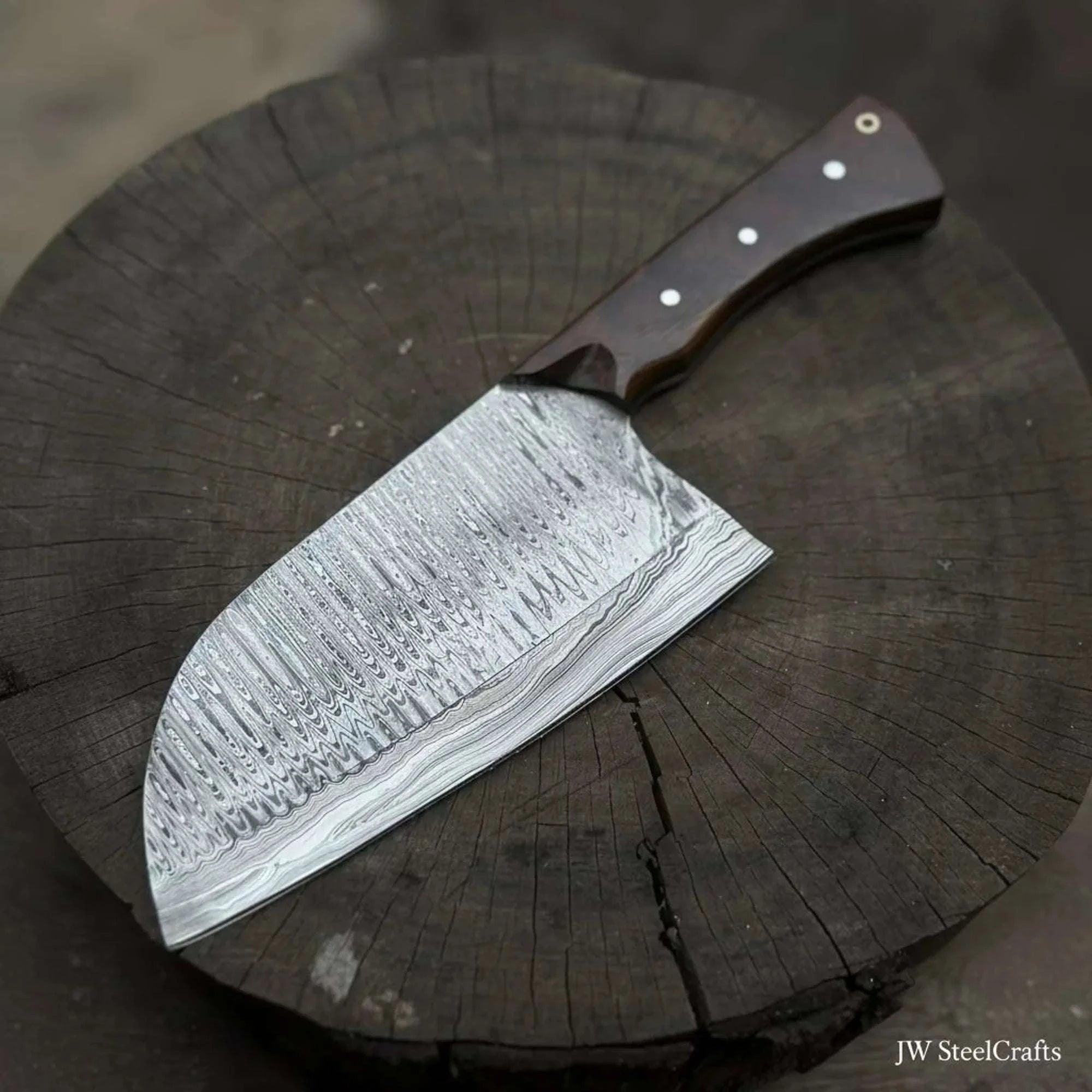 Palmarius Outdoors 10-Inch Damascus Camp Cleaver — 5.5 Inch Blade, Tali Wood Handle, Silver Pins & Black Spacer Cleaver Knives