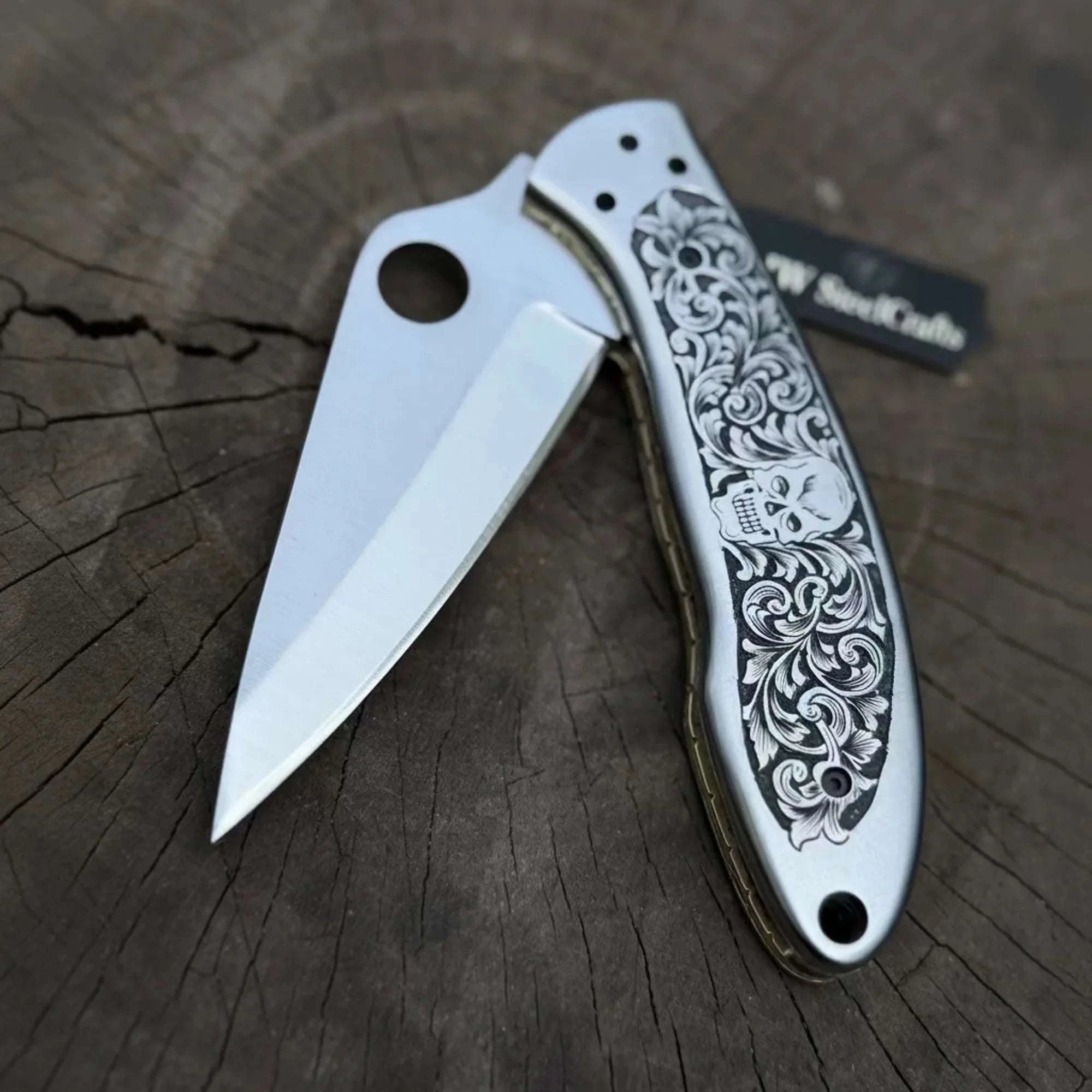 Palmarius Outdoors Engraved Spyderco Style Folder with Mirror Polished Leaf Blade Folding Knife