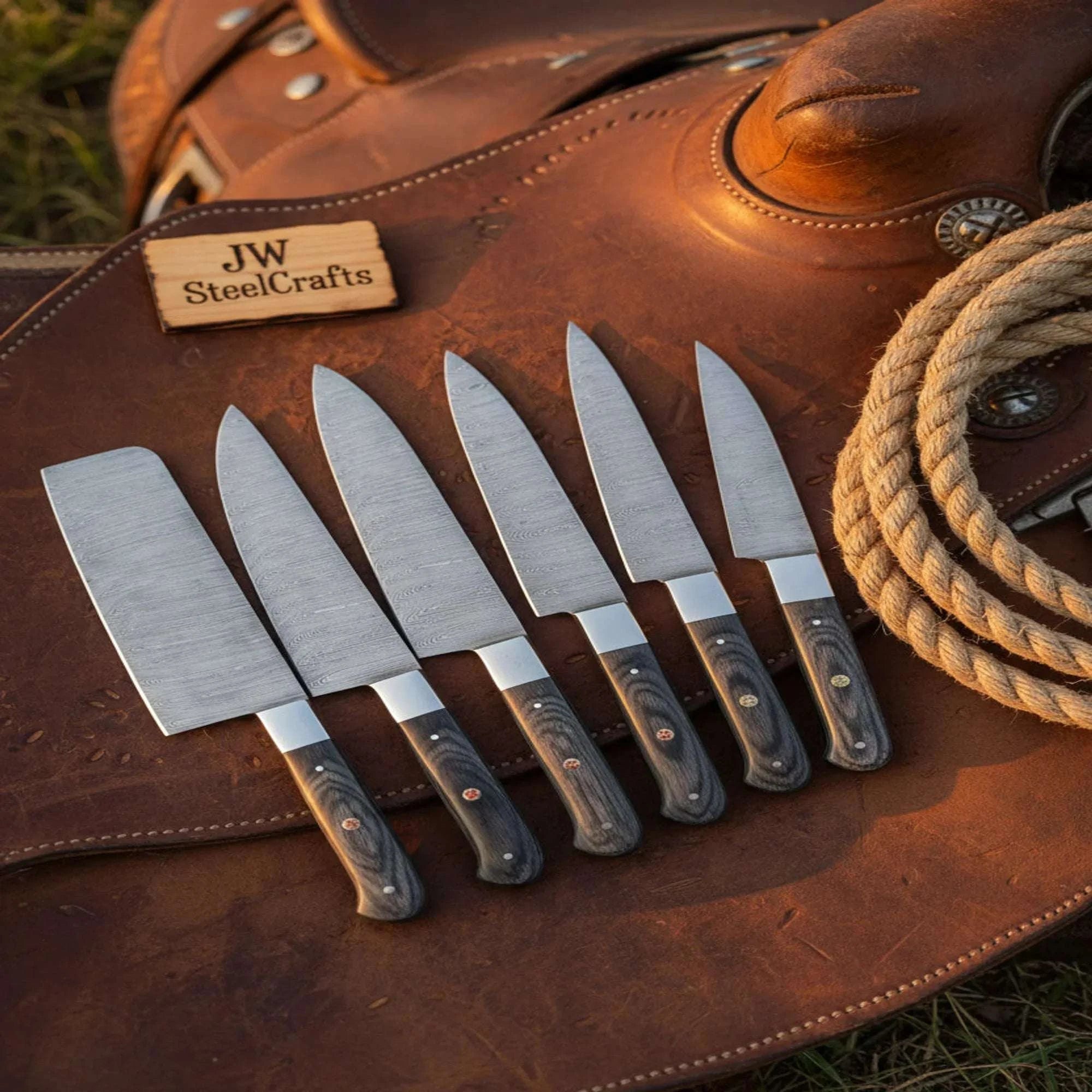 Palmarius Outdoors 7-Piece Hammer Forged Damascus Chef Knife Set with Black Pakka Wood Handles Handmade Chef Knife Sets
