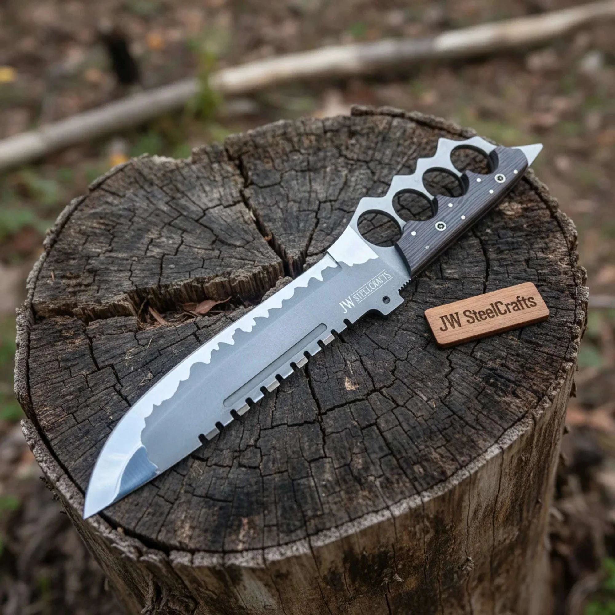 Palmarius Outdoors 14-Inch High Carbon Steel Combat Knife — Acid Etched Tanto Blade, Knuckle Duster Guard & Wenge Wood Handle Survival Knife