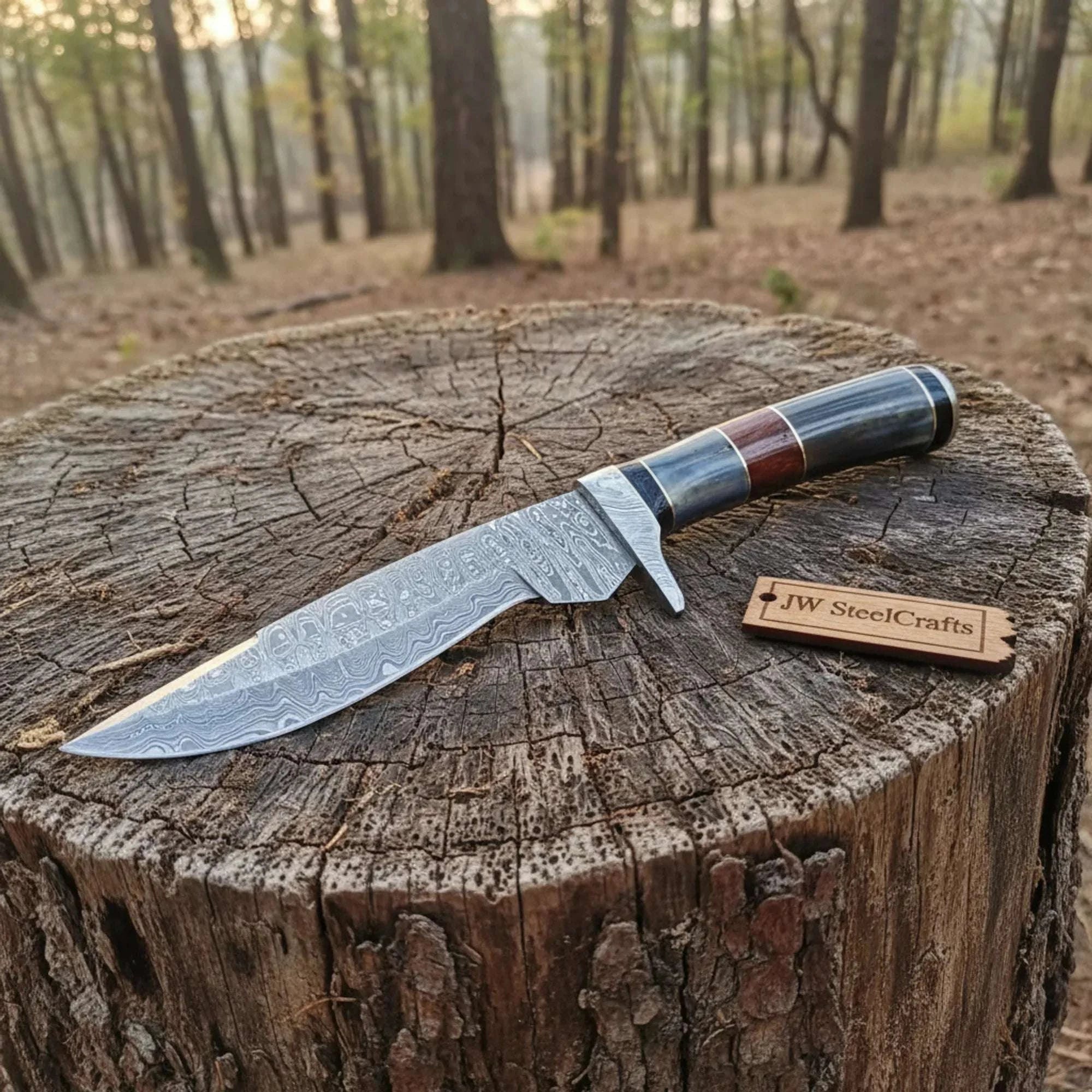 Palmarius Outdoors Handmade Damascus Bowie Knife with Colored Bone Handle | Full Tang Fixed Blade