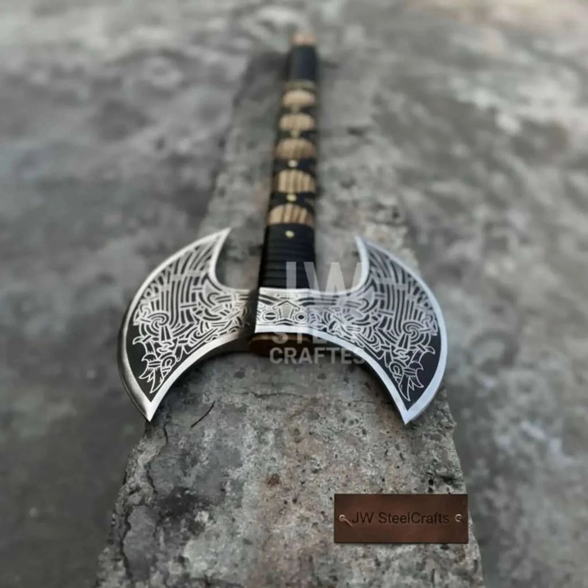 Palmarius Outdoors Hand Engraved Double Headed Viking Axe with Nordic Knotwork and Leather Wrapped Handle Handmade Axe