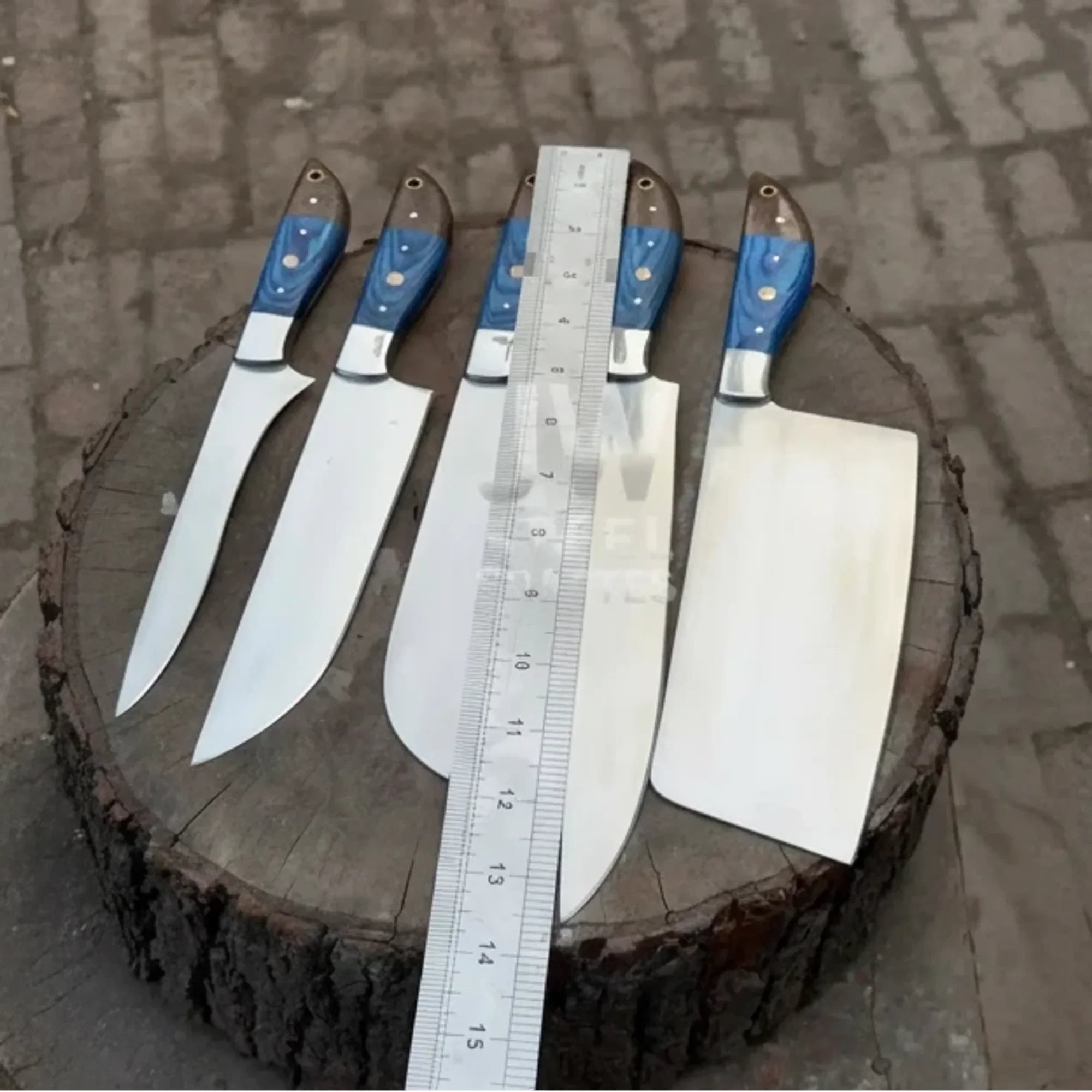 Palmarius Outdoors 4-Piece High Carbon Steel Kitchen Knife Set — Chef, Butcher, Santoku & Cleaver with Blue Pakka Wood Handles Handmade Chef Knife Sets