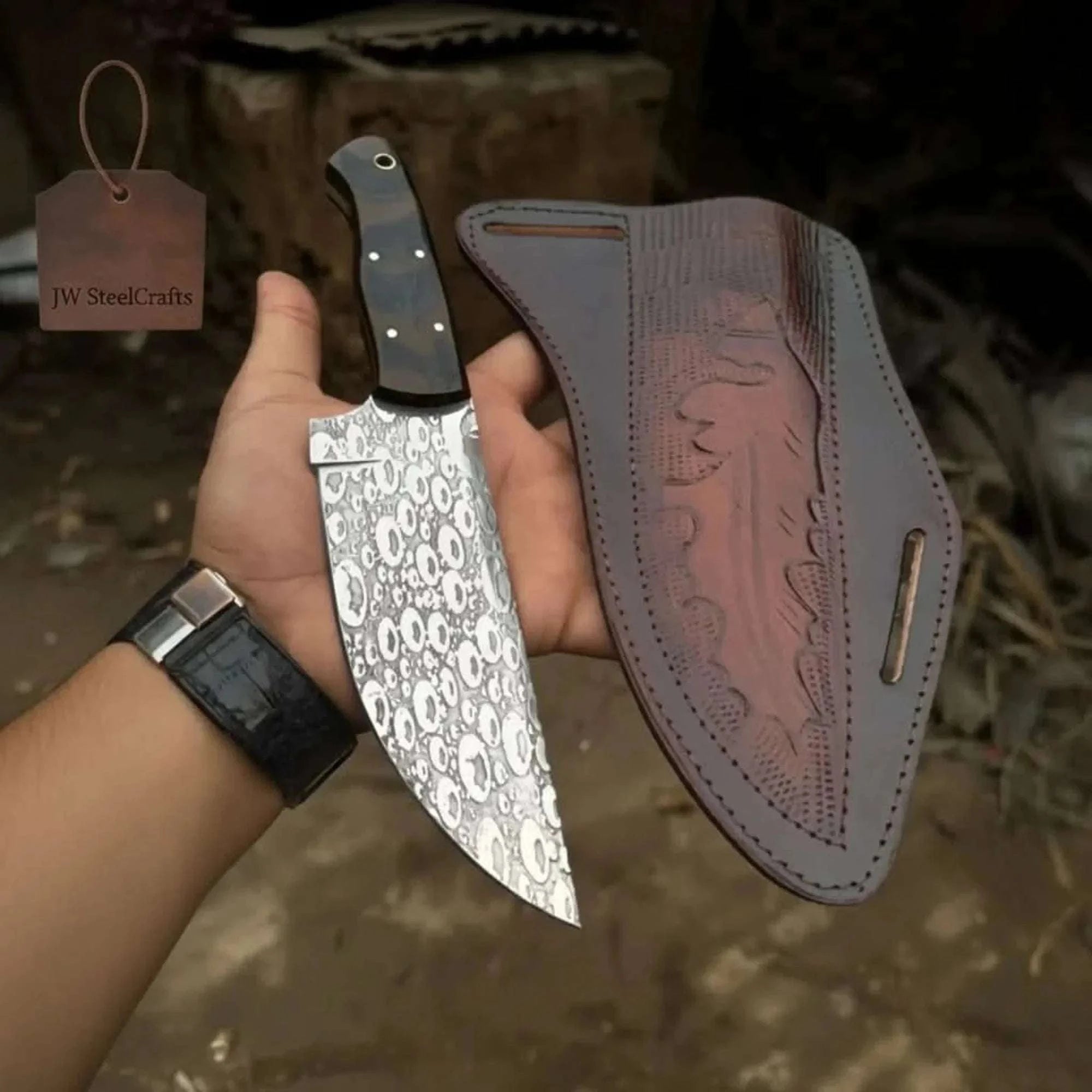 Palmarius Outdoors Hand-Forged Hammered Blade Knife Walnut Grip & Belt Sheath Hunting Knife