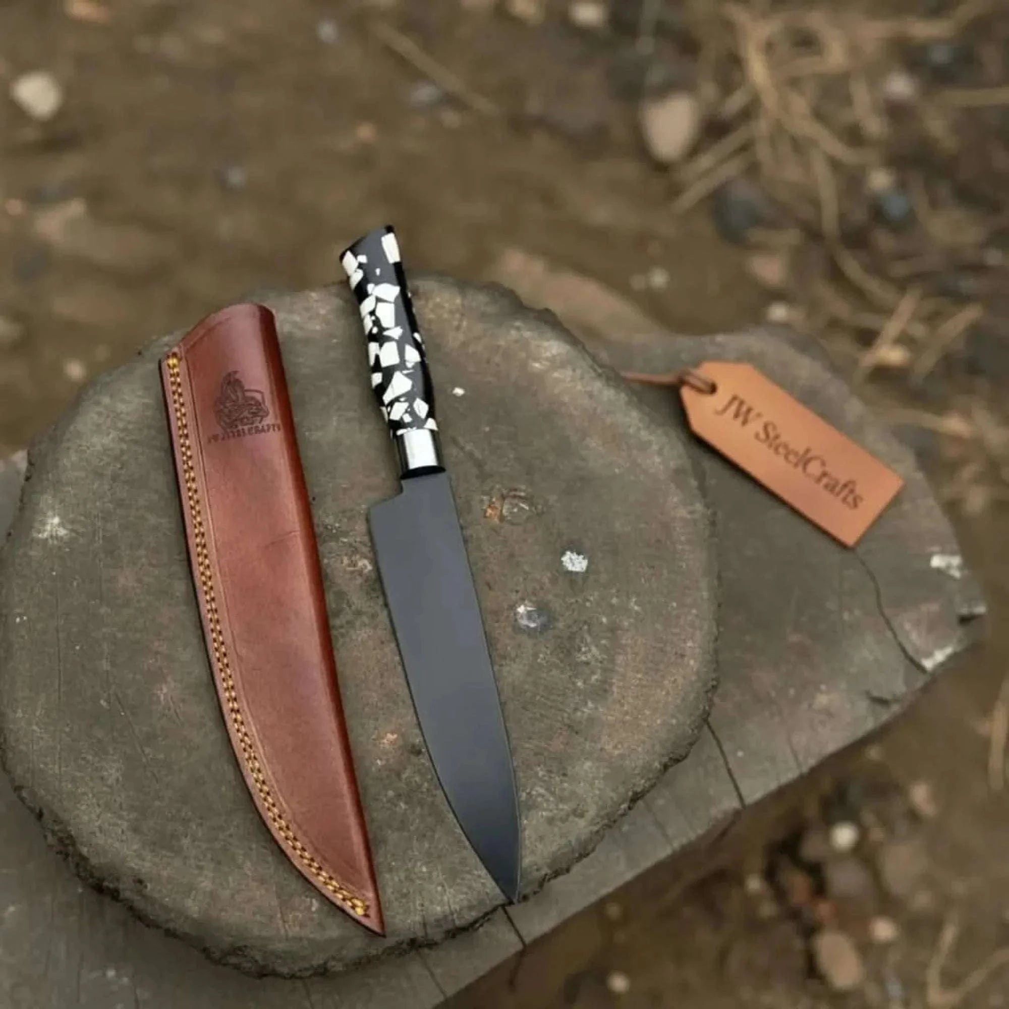 Palmarius Outdoors Black Blade Chef Knife Full Tang with Custom Handle & Leather Sheath Stainless Steel Chef Knives