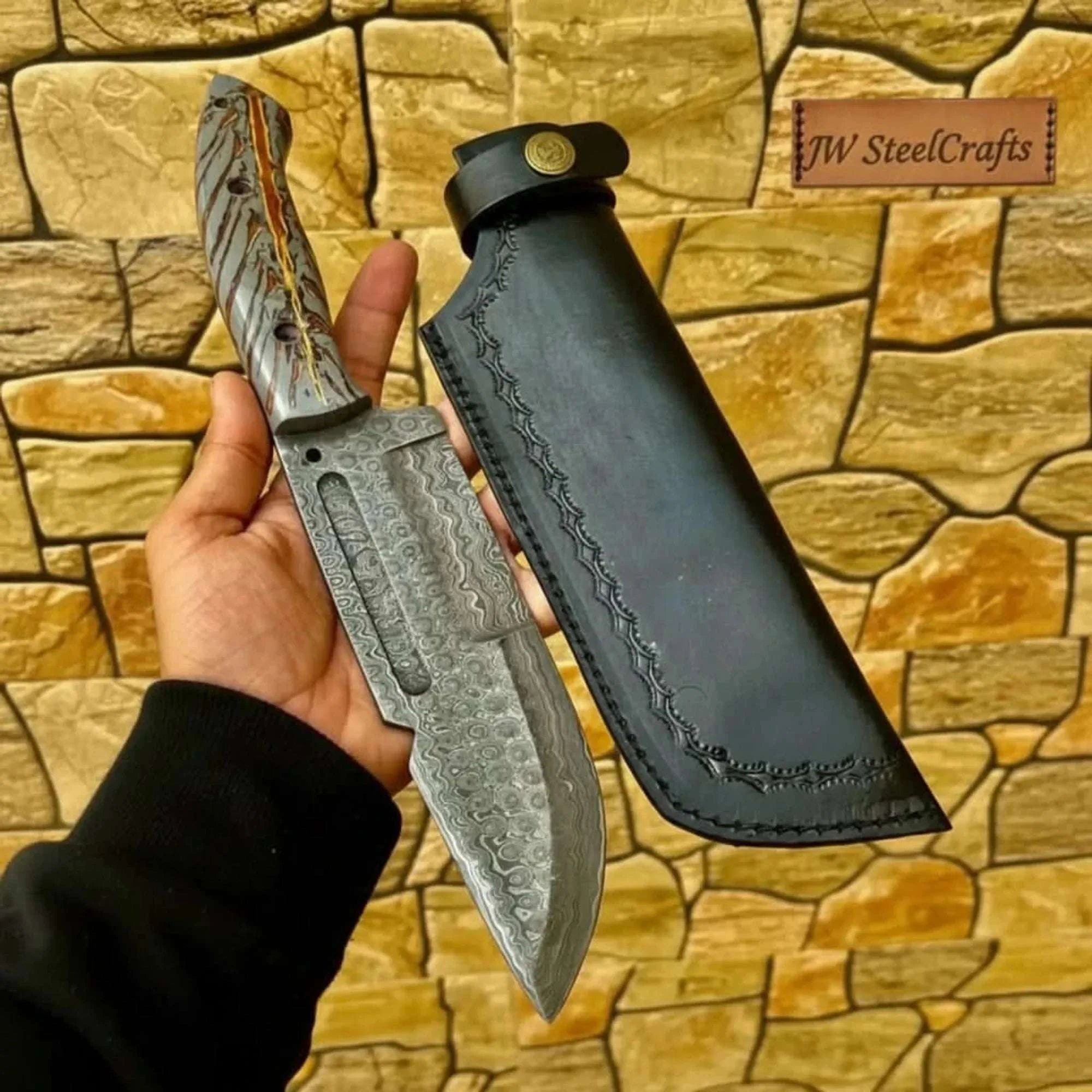 Palmarius Outdoors Damascus Hunting Knife with Grey Pinecone Handle Full Tang Survival Knife