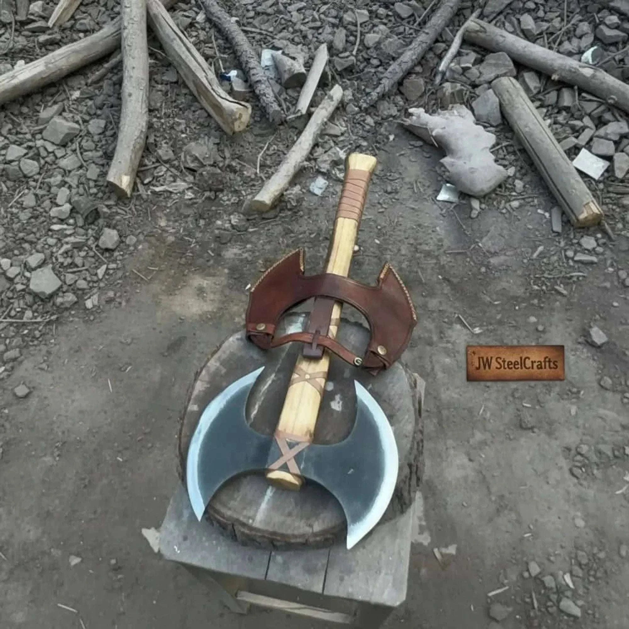 Palmarius Outdoors Handcrafted Double-Head Decorative Axe with Wooden Handle – JW SteelCrafts Handmade Axe