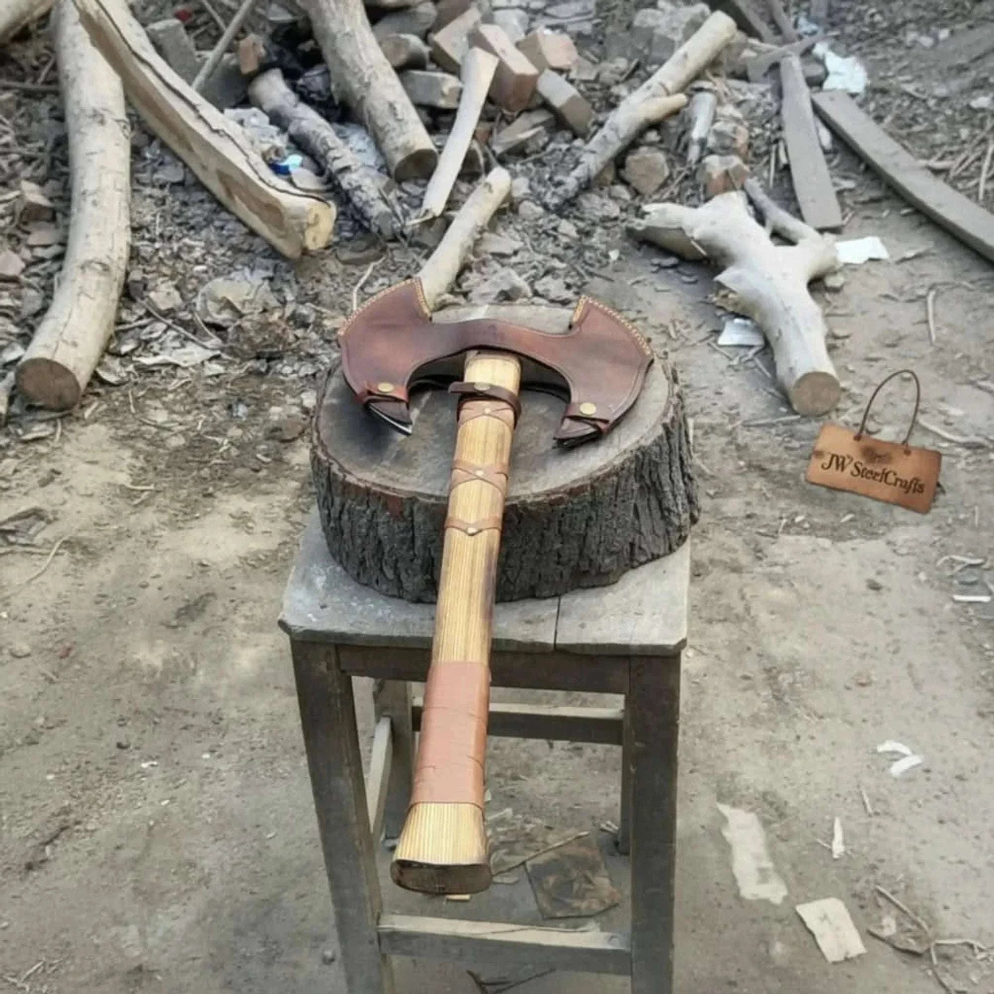 Palmarius Outdoors Handcrafted Double-Head Decorative Axe with Wooden Handle – JW SteelCrafts Handmade Axe