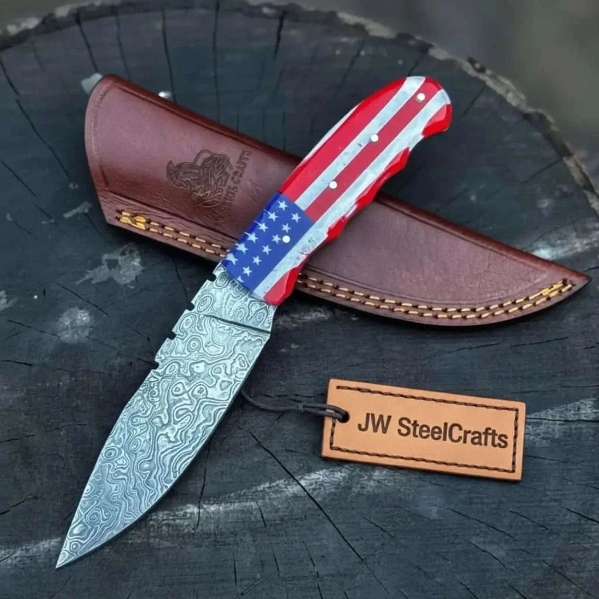 Palmarius Outdoors Damascus Steel USA Flag Handle Knife 5-Inch Raindrop, & Leather Sheath Hunting Knife