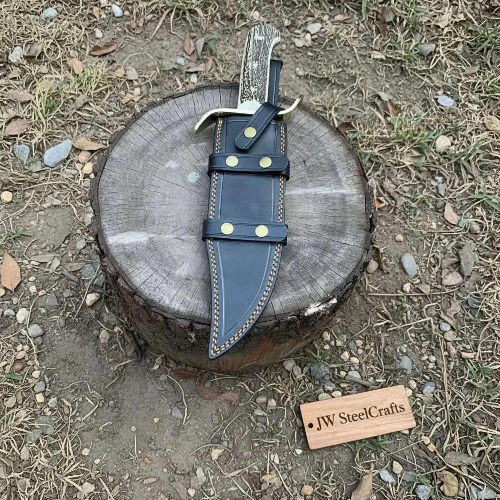 Palmarius Outdoors 16-Inch Damascus Bowie Knife — 11-Inch Blade, Stag Handle, Brass S-Guard & Leather Belt Sheath Frontier Bowie Knives