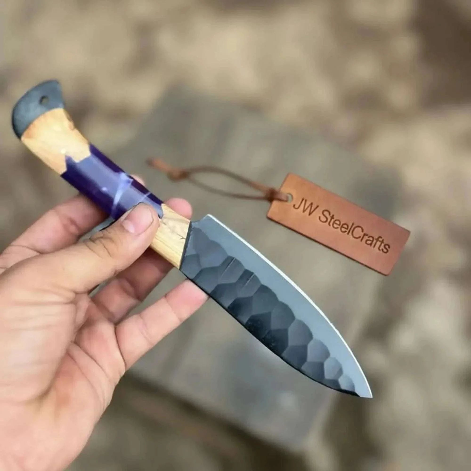 Palmarius Outdoors 5-Piece Chef Knife Set with Hammered Black Blades, Purple Resin & Olive Wood Handles Handmade Chef Knife Sets