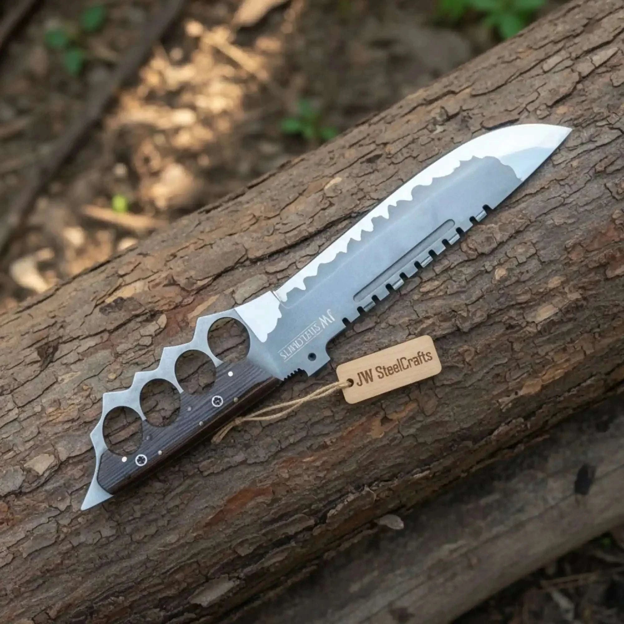 Palmarius Outdoors 14-Inch High Carbon Steel Combat Knife — Acid Etched Tanto Blade, Knuckle Duster Guard & Wenge Wood Handle Survival Knife
