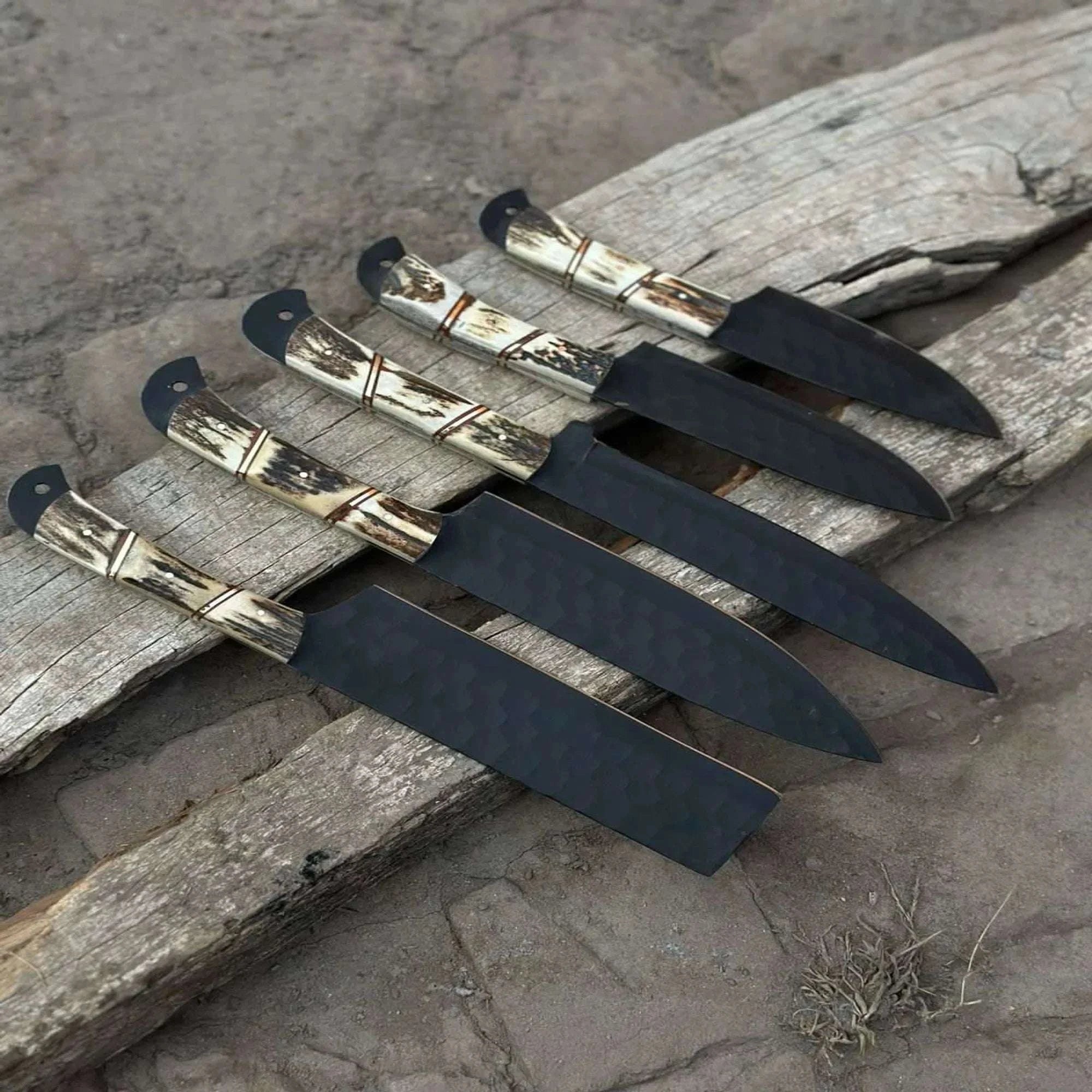 Palmarius Outdoors Handmade Hammered Chef Knife Set with Stag Antler Handles | 5-Piece Kitchen Knife Set Stainless Steel Chef Knives