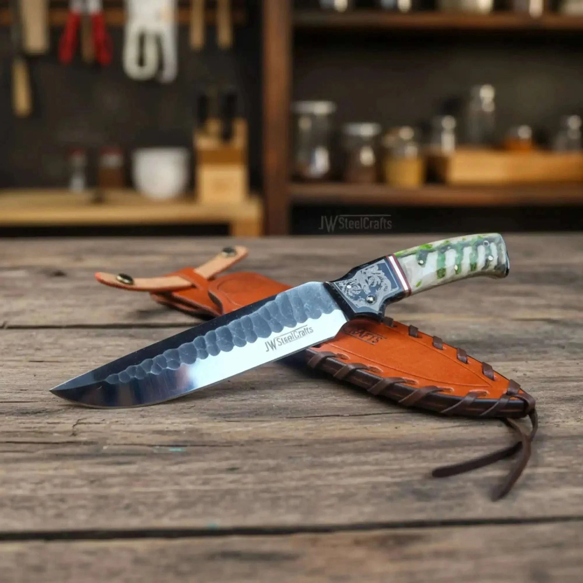 Palmarius Outdoors 10-Inch Hammered Spear Point Survival Knife — Ram Horn Black Resin Handle, Tiger Engraved Copper Bolster & Leather Sheath Survival Knife