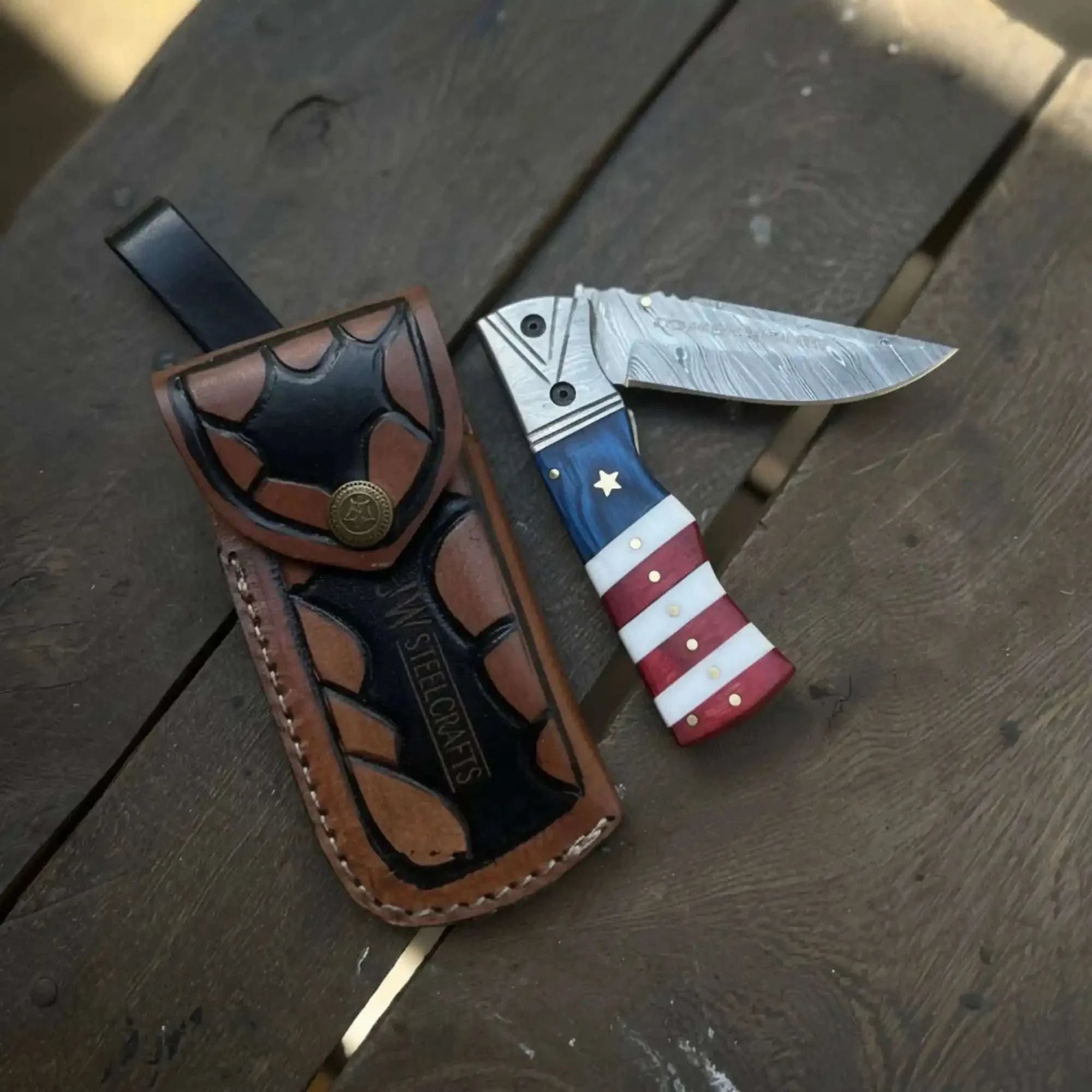 Palmarius Outdoors American Flag Damascus Folding Knife with Resin Handle Folding Knife