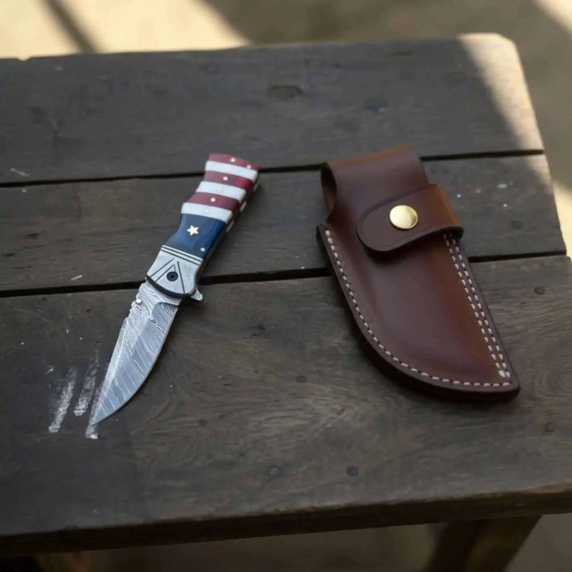 Palmarius Outdoors American Flag Damascus Folding Knife with Resin Handle Folding Knife
