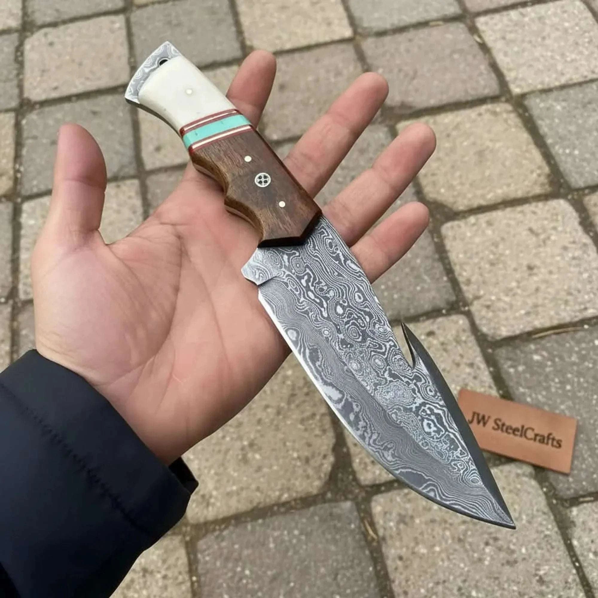 Palmarius Outdoors Damascus Gut Hook Hunting Knife Bone, Turquoise Resin & Rosewood Handle Handmade Gut Hook Knives
