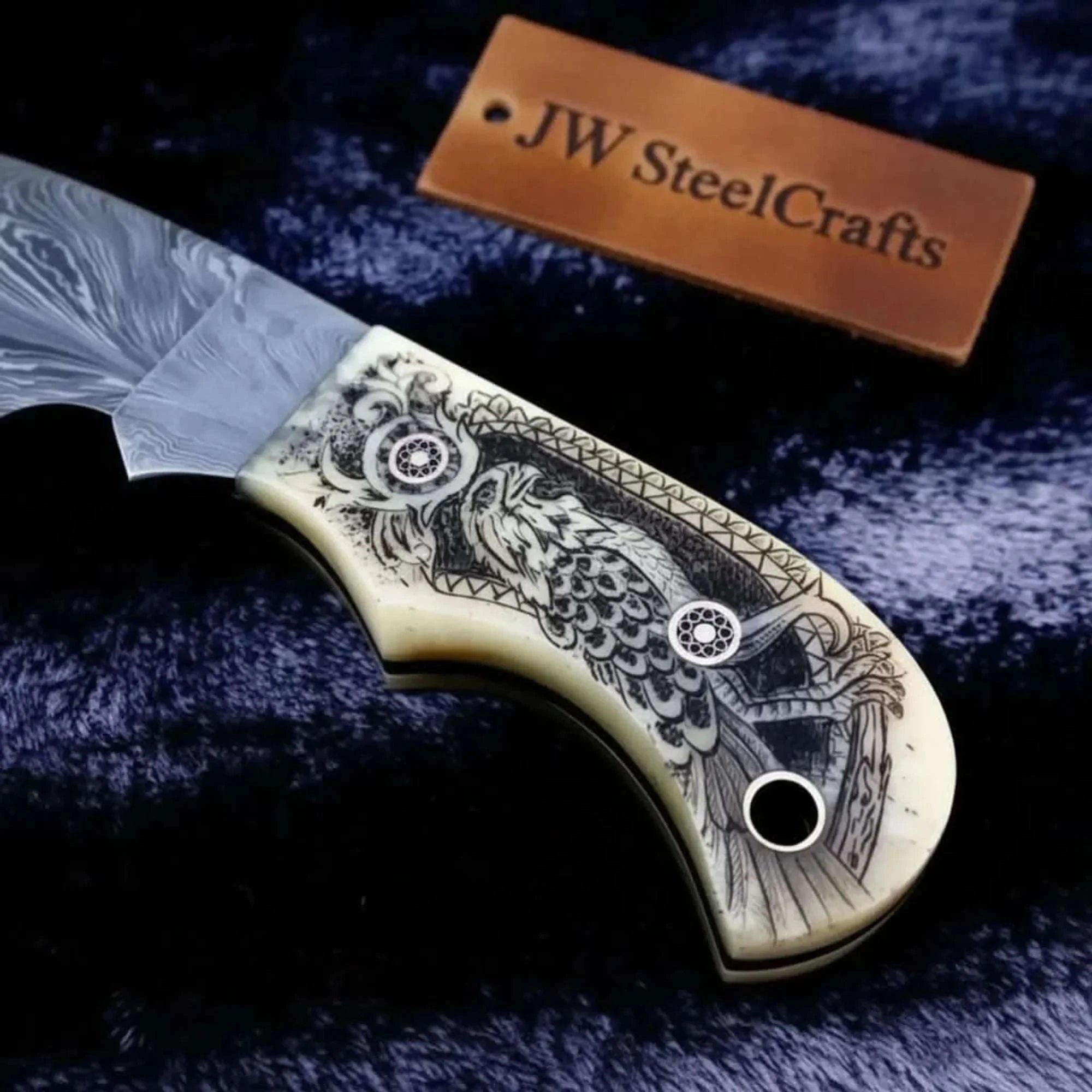 Palmarius Outdoors Handmade Damascus Drop Point Hunting Knife with Engraved Bone Handle and Leather Sheath Skinner Knife