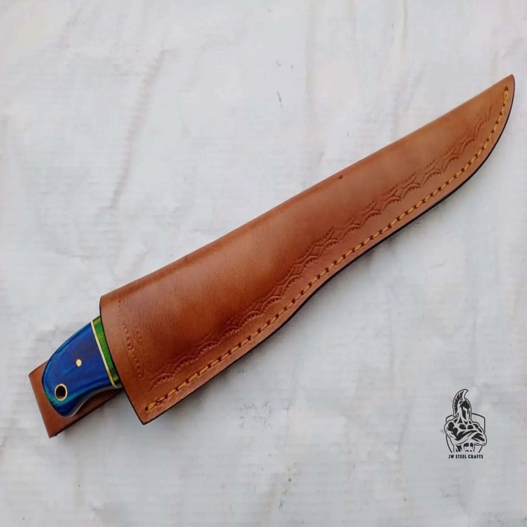 Palmarius Outdoors Handmade Damascus Fillet Knife – 10 Inch Overall, 5 Inch Precision Fish Filleting Blade with Colored Wood Handle, Full Tang Fishing Knife with Leather Sheath, JW SteelCrafts Handmade Fillet Knives