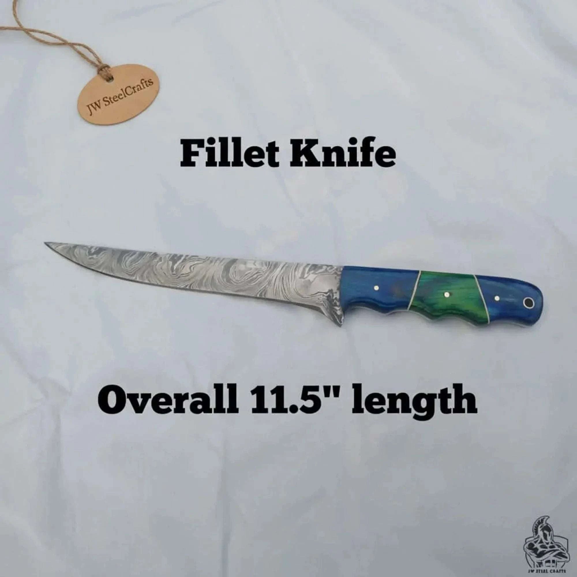 Palmarius Outdoors 11.5 Inch Damascus Steel Fillet Knife with Two-Tone Colored Wood Handle | JW SteelCrafts Handmade Fillet Knives
