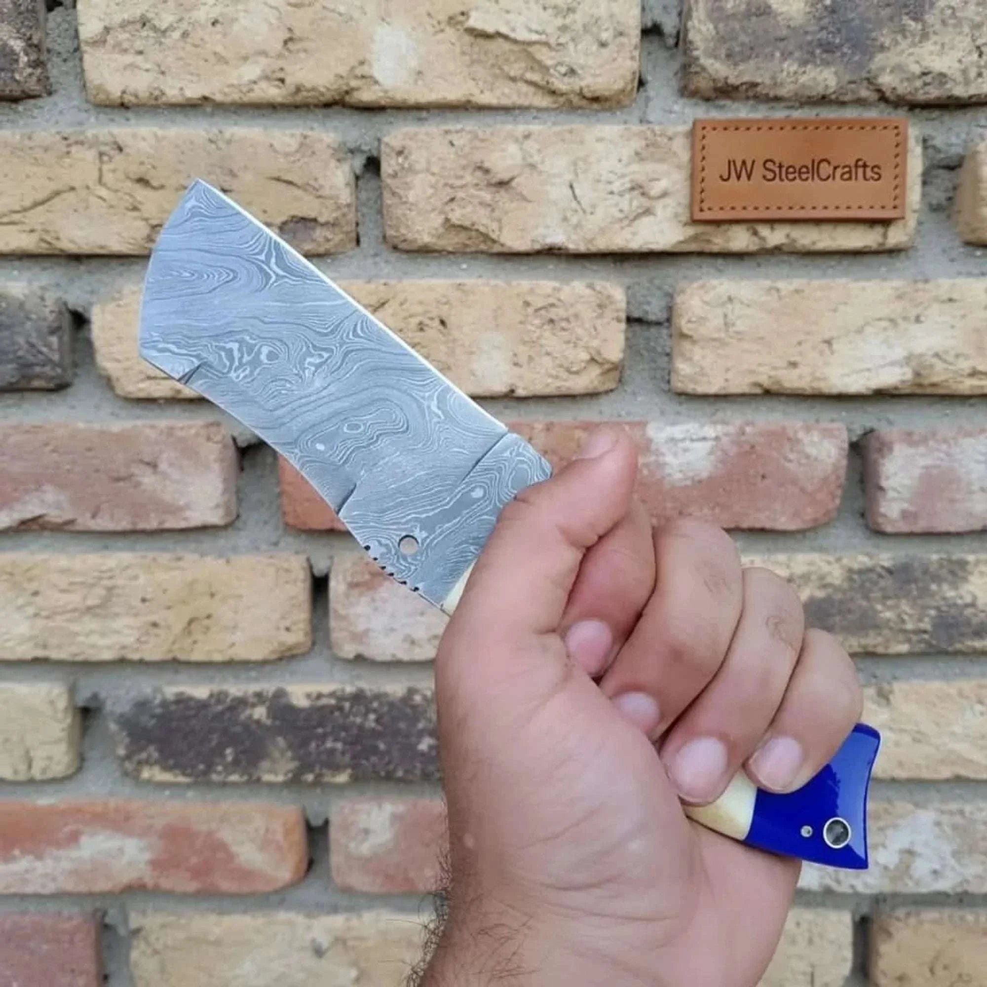 Palmarius Outdoors Handmade Damascus Tanto Knife with Bone and Blue Resin Handle, Fixed Blade Outdoor Utility Knife Tanto Knife