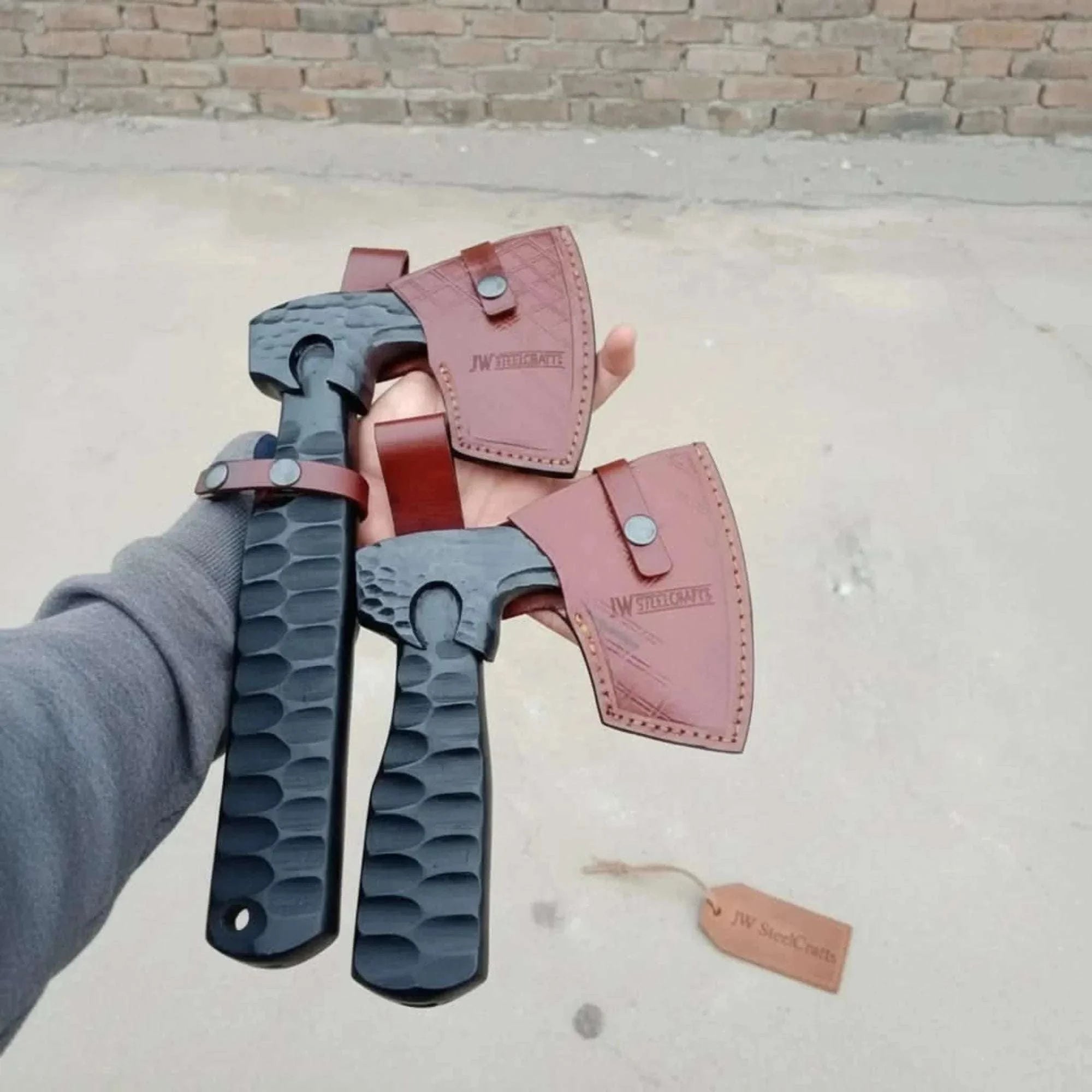 Palmarius Outdoors Forged Tool Axe Duo – Textured Steel Heads with Sculpted Hardwood Handles and Leather Sheaths Handmade Axe