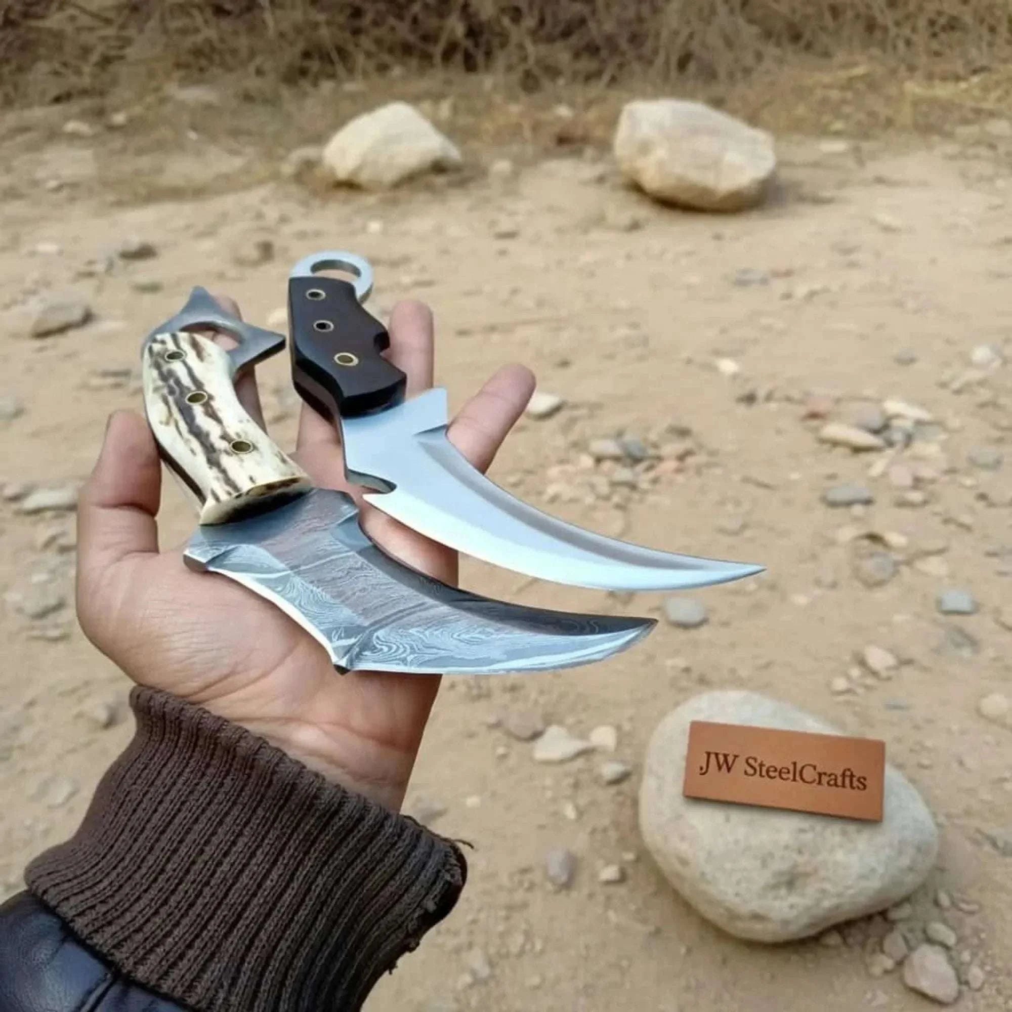 Palmarius Outdoors Damascus Steel Karambit Pair, Stag Horn & Wood Handle, 9-inch Blade karambit knife