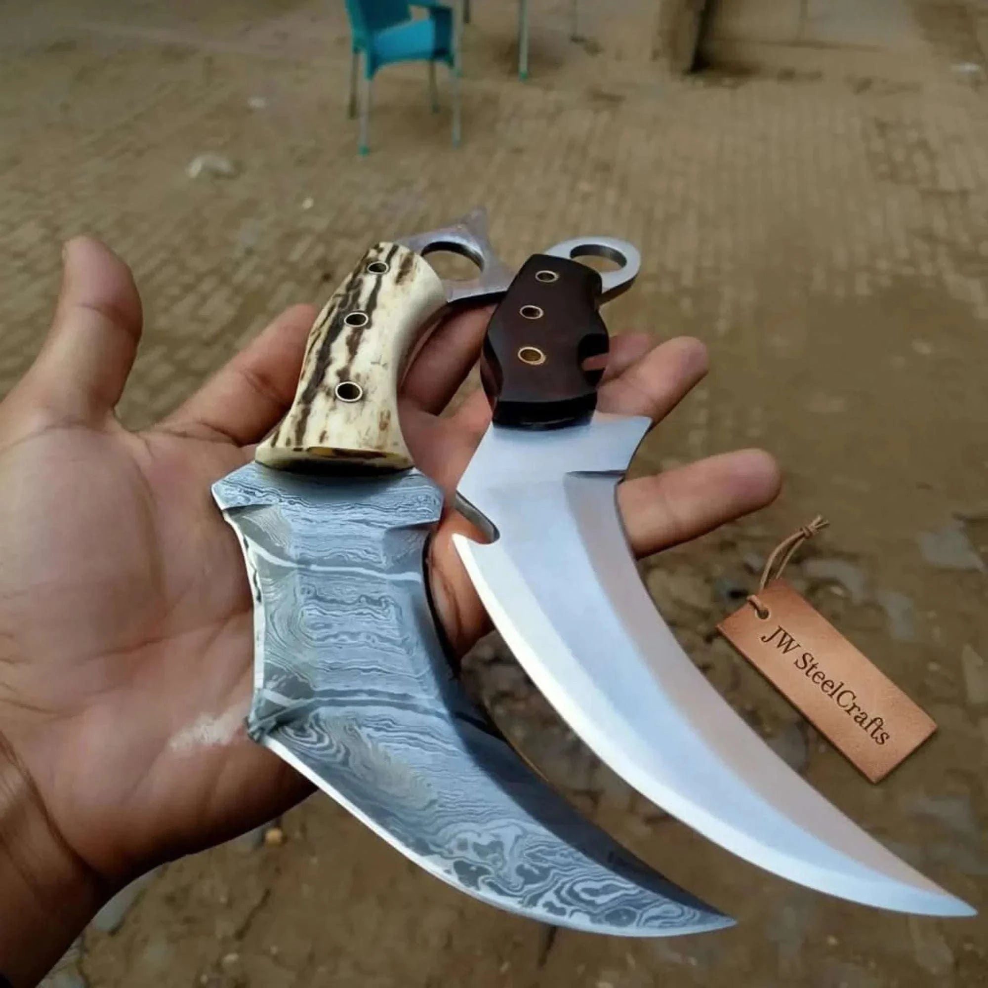 Palmarius Outdoors Damascus Steel Karambit Pair, Stag Horn & Wood Handle, 9-inch Blade karambit knife