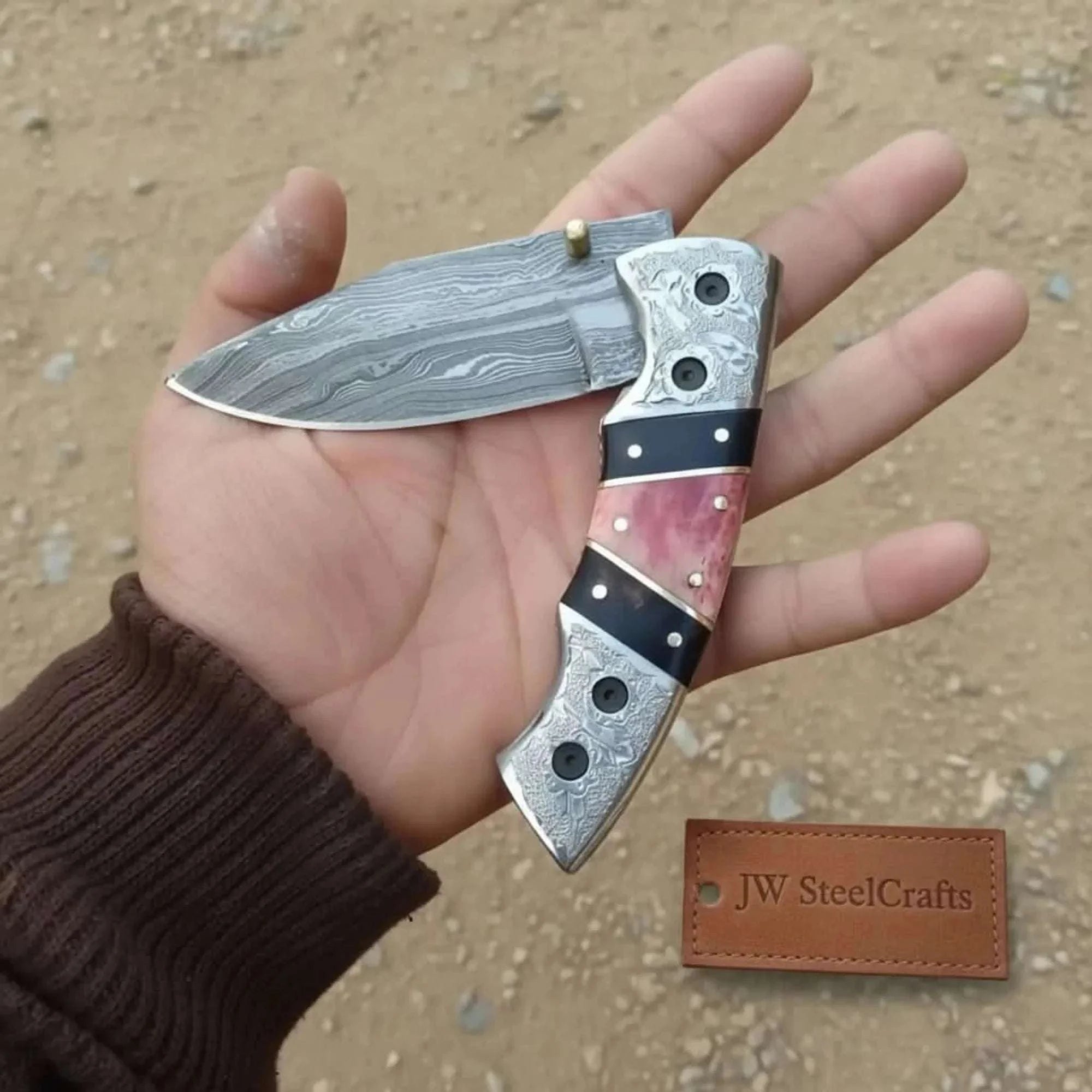 Palmarius Outdoors Handmade Damascus Folding Knife with Engraved Bolster, Black Resin and Colored Bone Handle – Custom EDC Pocket Knife by JW SteelCrafts Liner Lock Folder