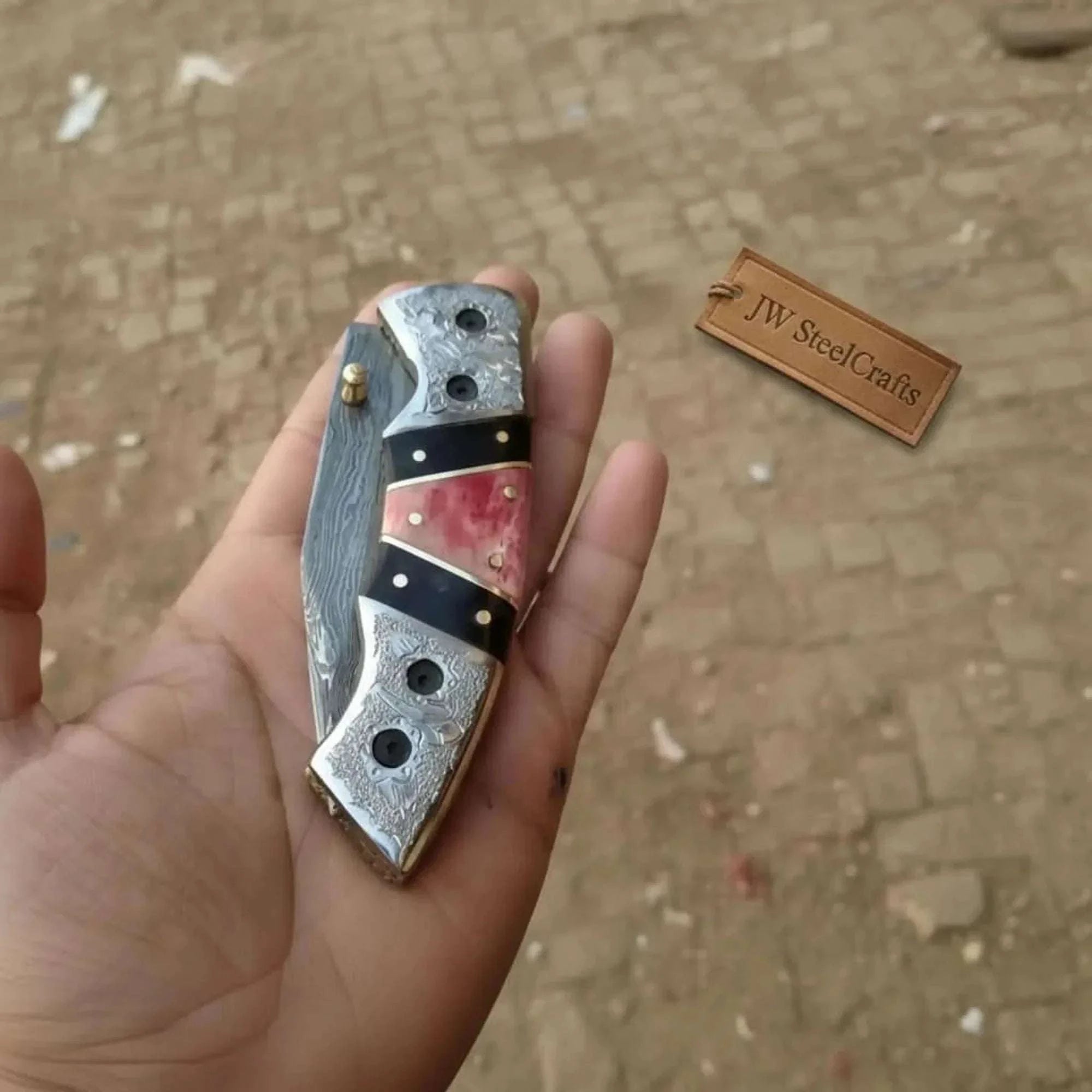 Palmarius Outdoors Handmade Damascus Folding Knife with Engraved Bolster, Black Resin and Colored Bone Handle – Custom EDC Pocket Knife by JW SteelCrafts Liner Lock Folder