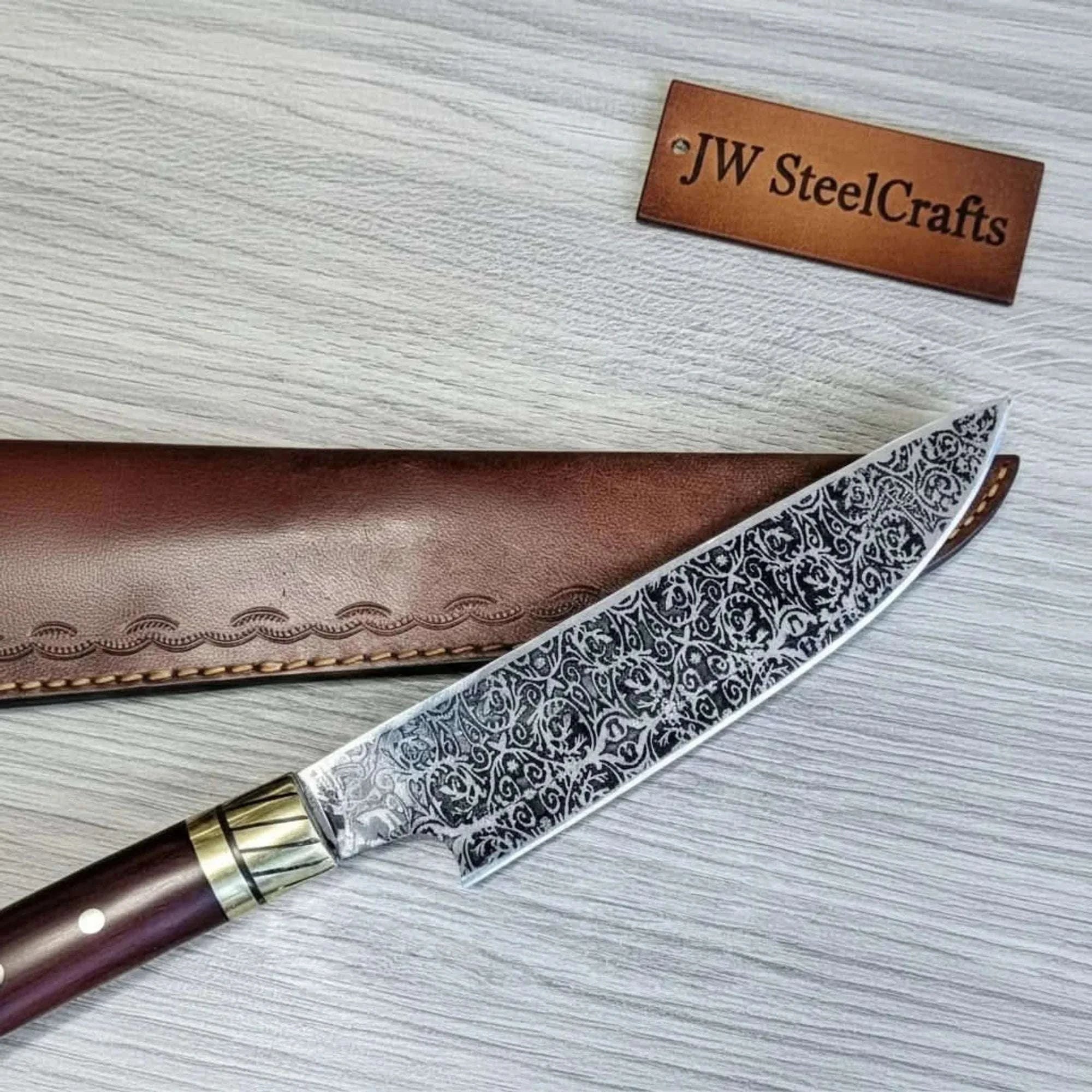 Palmarius Outdoors 8” Acid-Etched Gyuto Chef Knife with Rosewood Handle & Brass Bolster (Full Tang) Stainless Steel Chef Knives