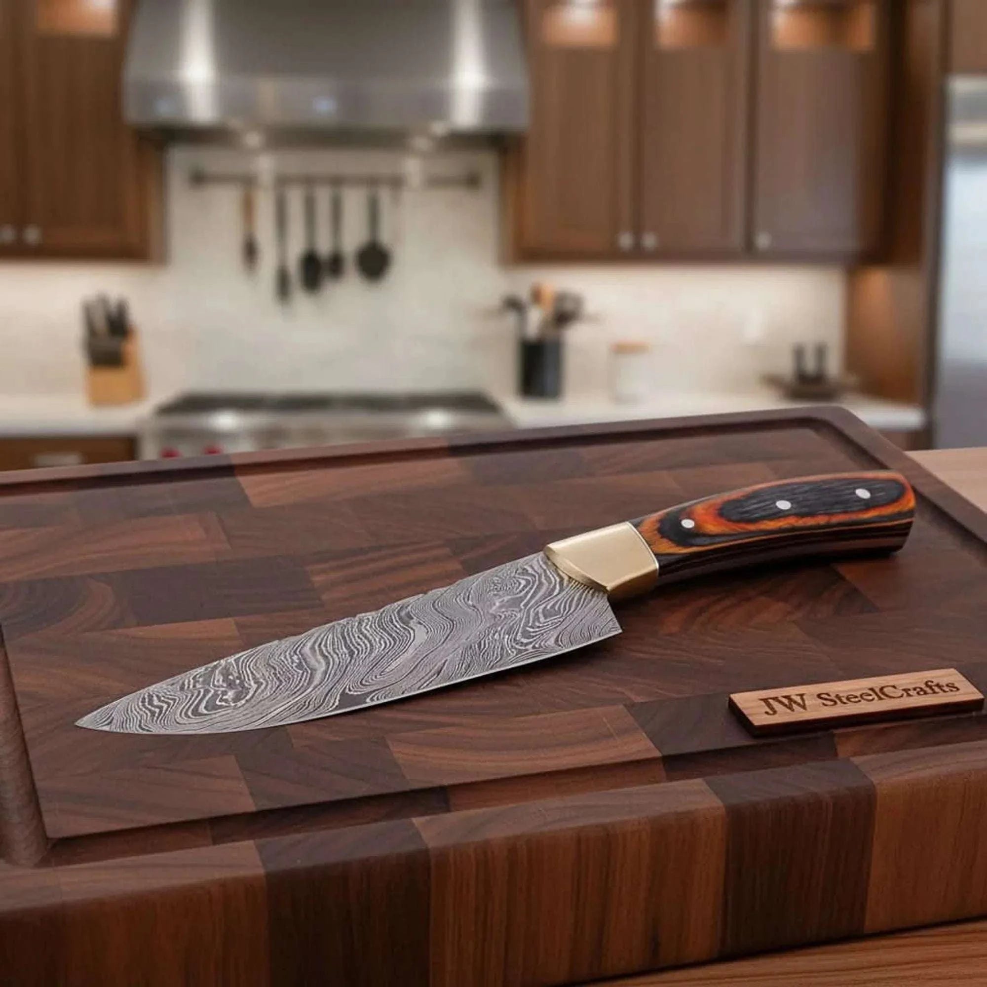Palmarius Outdoors CUSTOM HAND FORGED DAMASCUS STEEL CHEF KNIFE WOOD AND BRASS HAndle Damascus Steel Chef Knives
