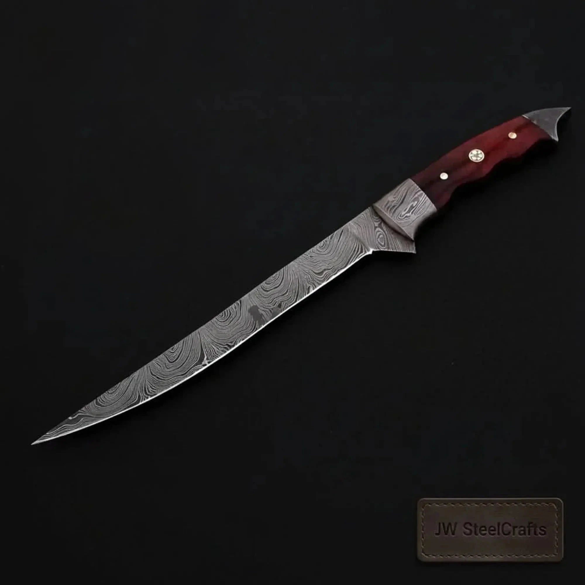 Palmarius Outdoors Handmade 13 Inch Overall Damascus Steel Fillet Knife – Full Tang Fishing Knife with Hardwood Handle and Leather Sheath. Handmade Fillet Knives