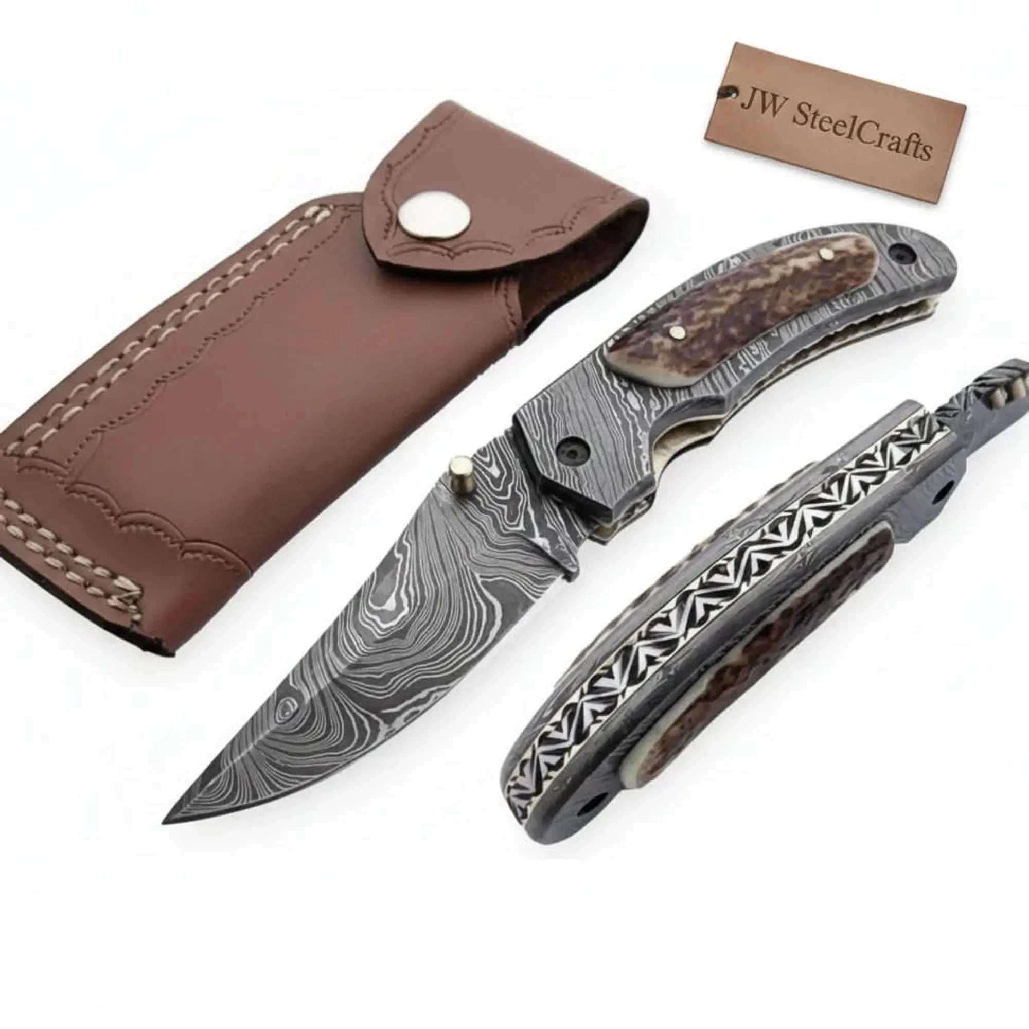Palmarius Outdoors Handmade Damascus Folding Knife with Stag Horn Handle - Everyday Carry Knife by JW SteelCrafts Liner Lock Folder
