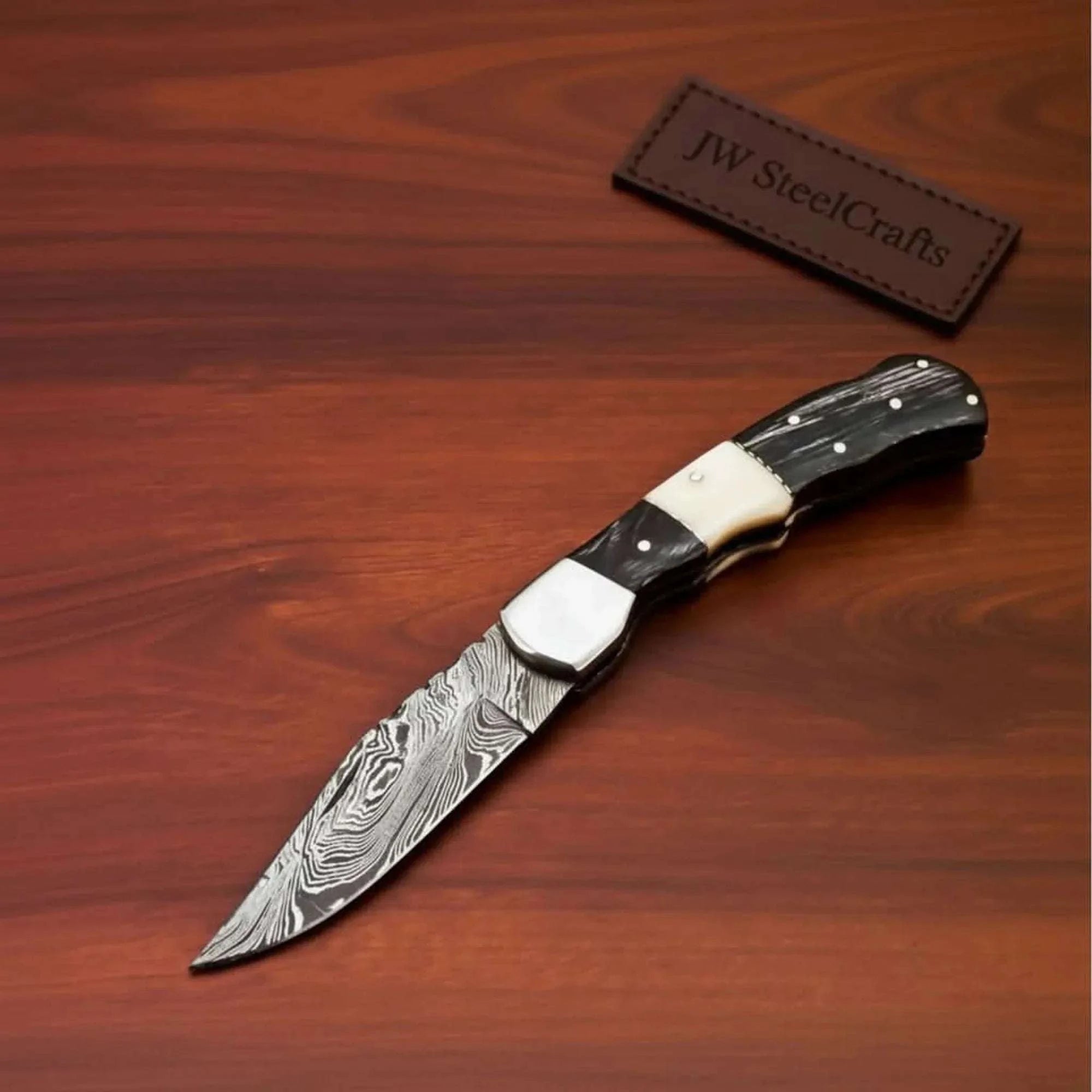 Palmarius Outdoors Handmade Damascus Folding Pocket Knife Engraved & Plain Handle Variants | Leather Sheath Included Back Lock Folder