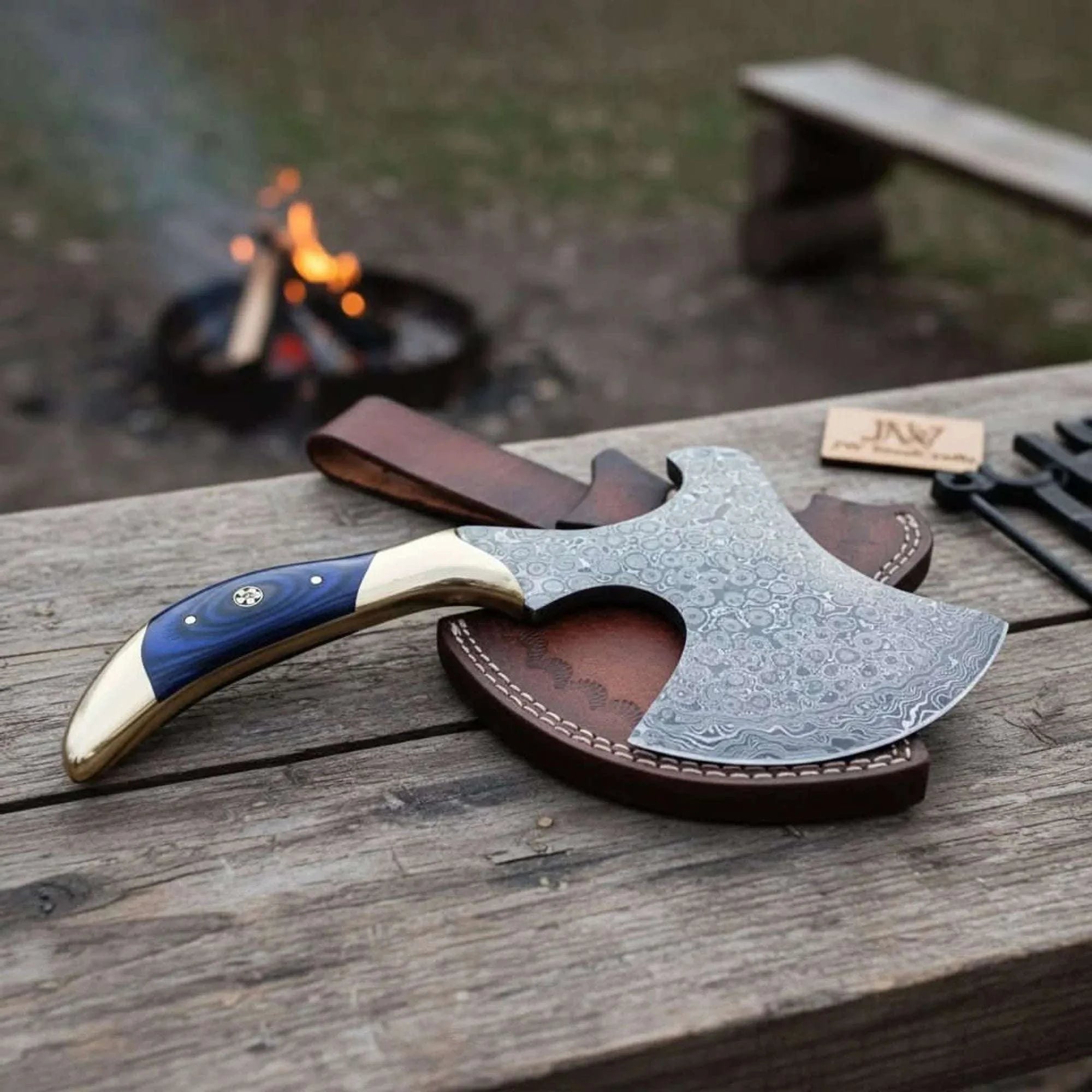 Palmarius Outdoors Damascus Steel Bushcraft Axe with Hardwood Handle & Leather Sheath Handmade Axe