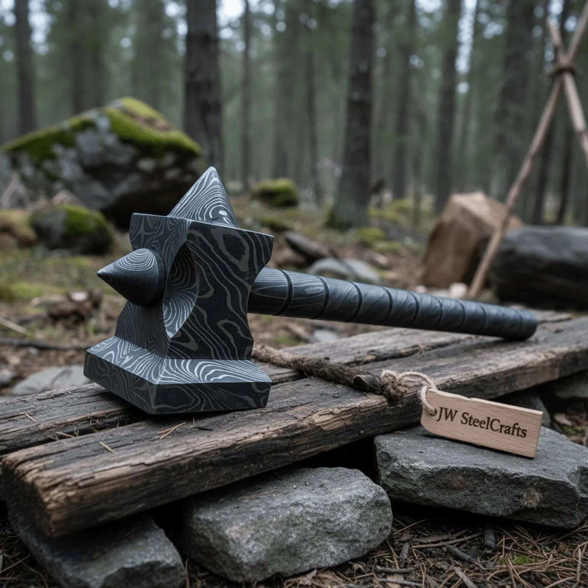 Palmarius Outdoors Sculpted Damascus Steel War Hammer 12" Handmade Full Damascus Collectible Piece Thor Hammer