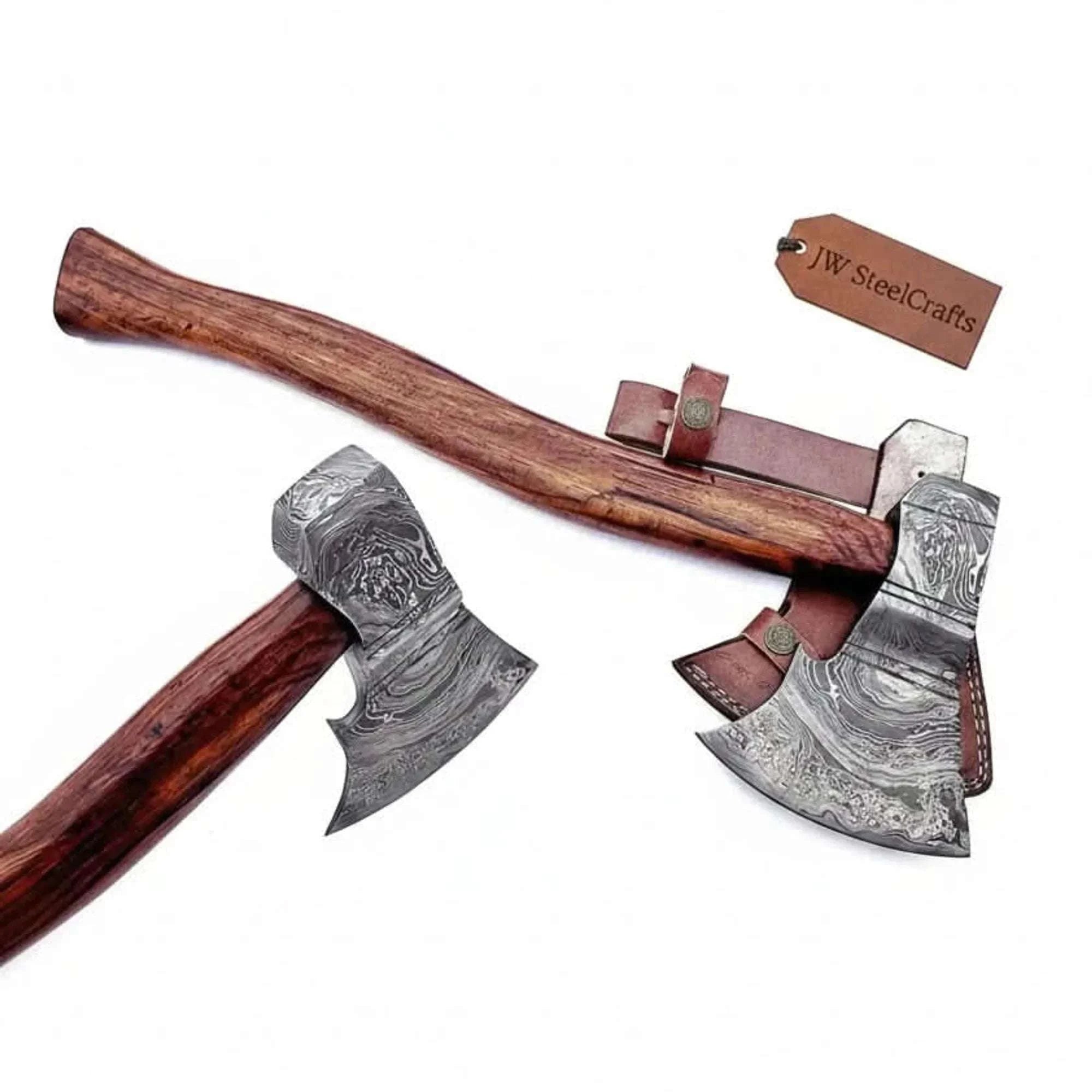 Palmarius Outdoors Hand Forged Damascus Viking Bearded Axe, 22 Inch Skeggøx Norse Working Axe with Hardwood Handle and Leather Sheath | JW SteelCrafts Handmade Axe