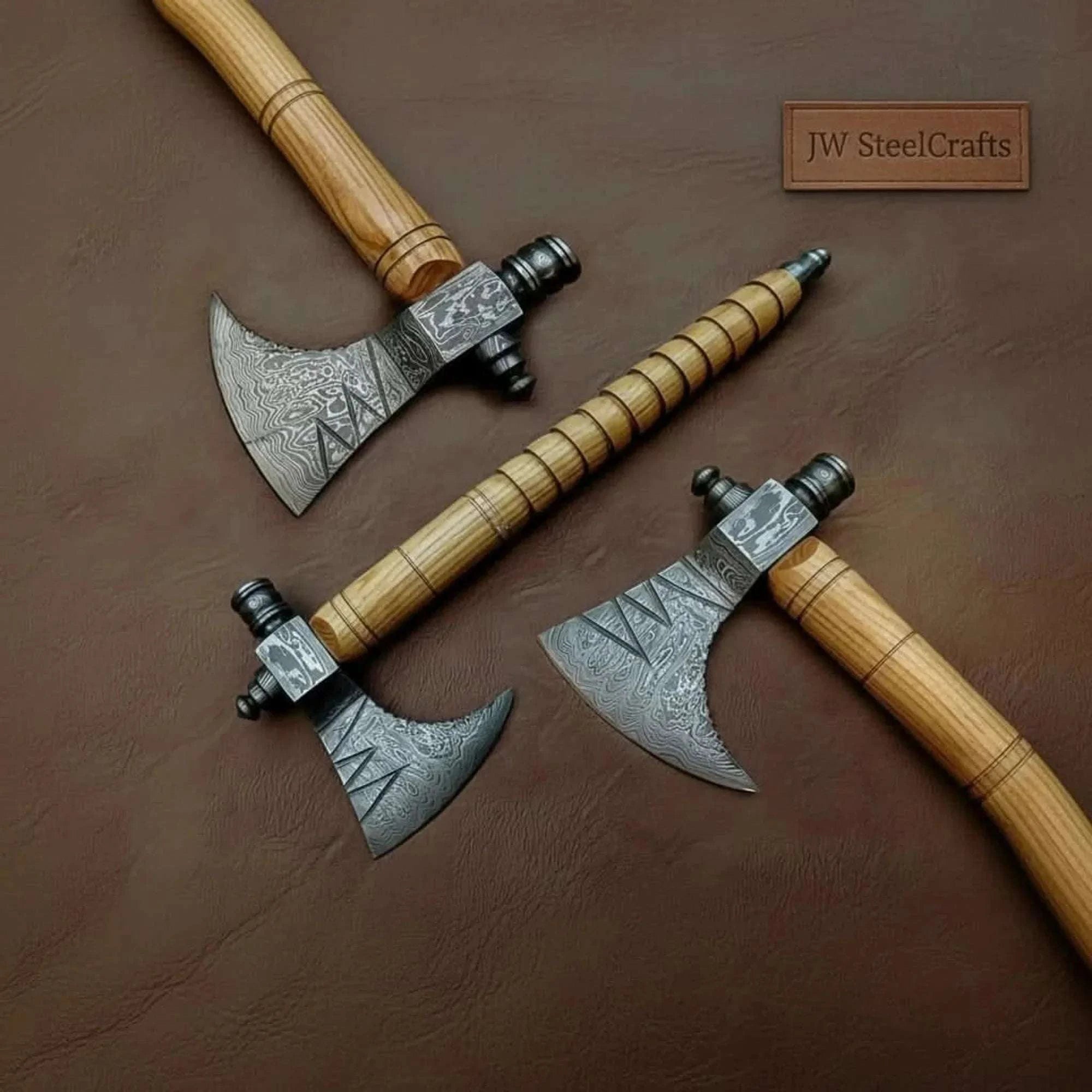 Palmarius Outdoors Damascus Pipe Axe 19 Inch Ash Wood Handle | Hand Forged Tomahawk Smoking Axe | JW SteelCrafts Handmade Axe